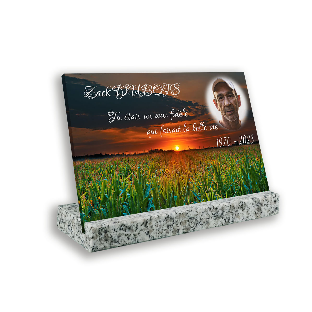 Plaque funéraire personnalisée socle en granit blanc avec photo