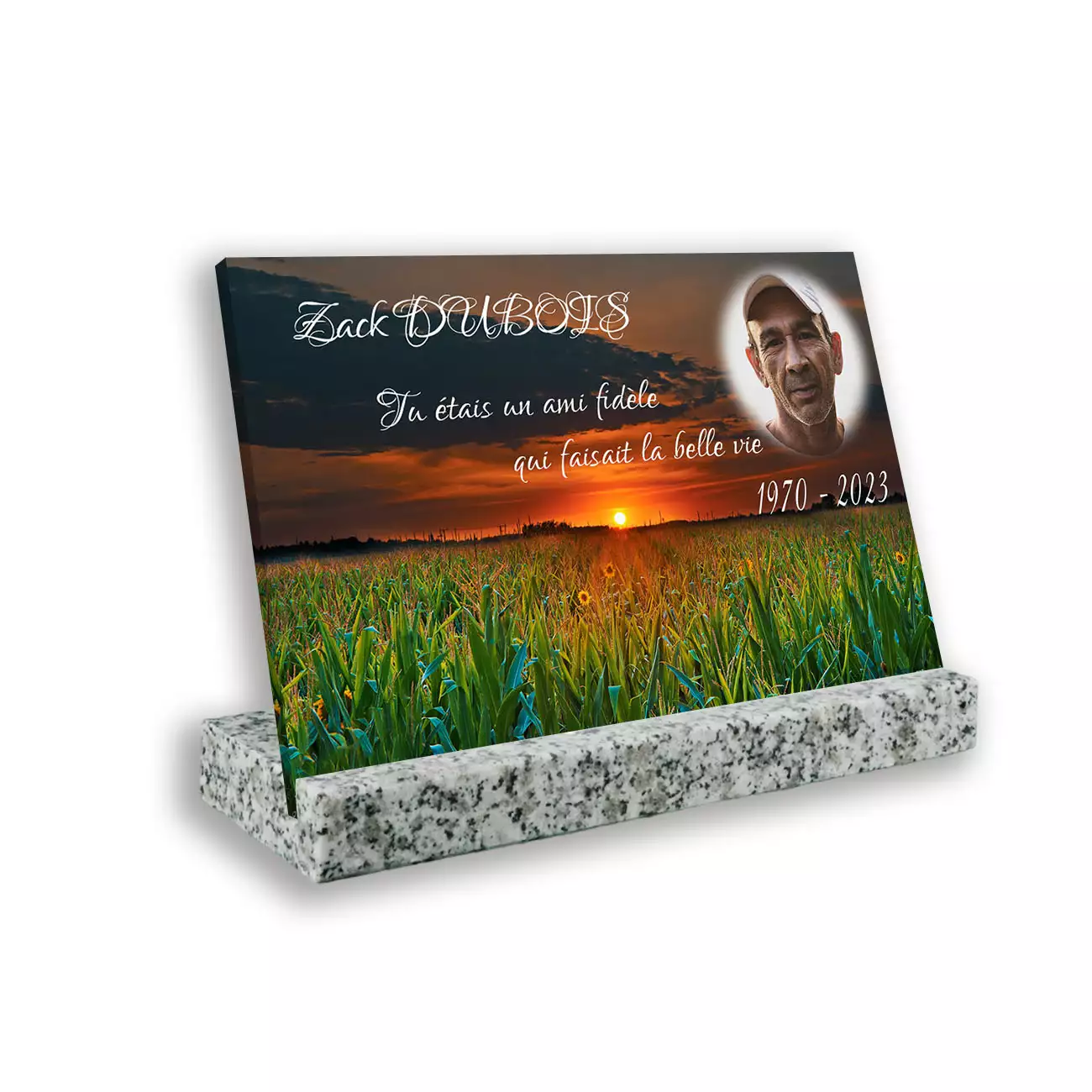 Plaque funéraire personnalisée socle en granit blanc avec photo