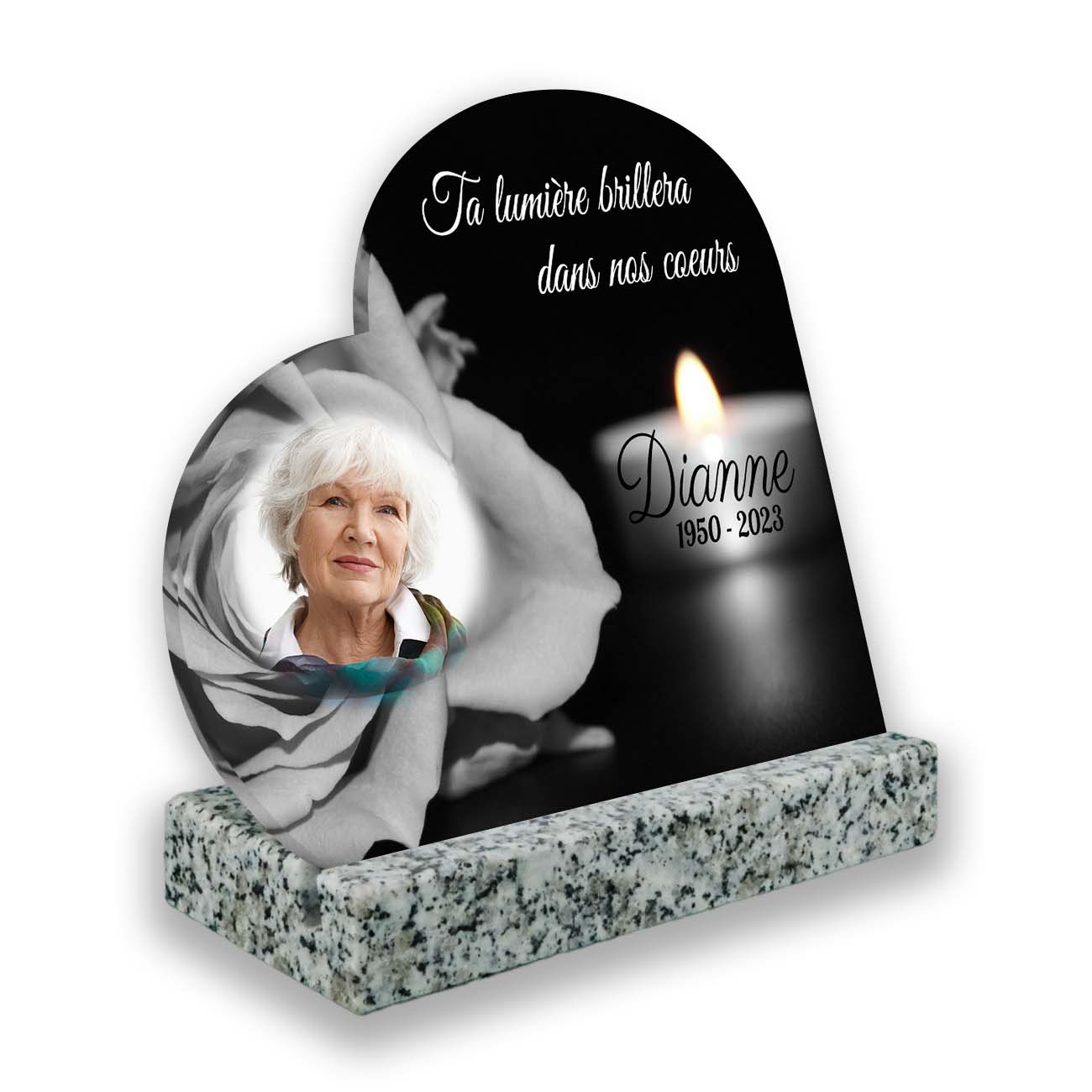 plaque funéraire personnalisée blanc avec photo