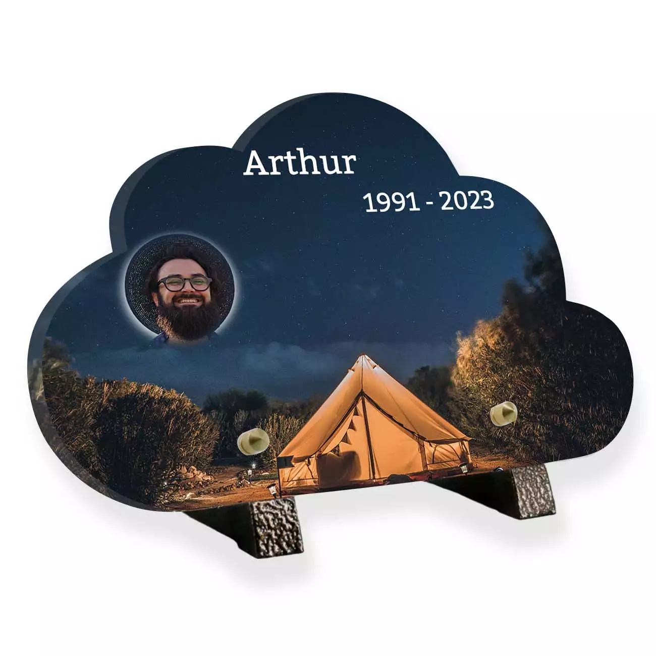 Plaque funéraire personnalisée avec photo cammping pieds avec tente