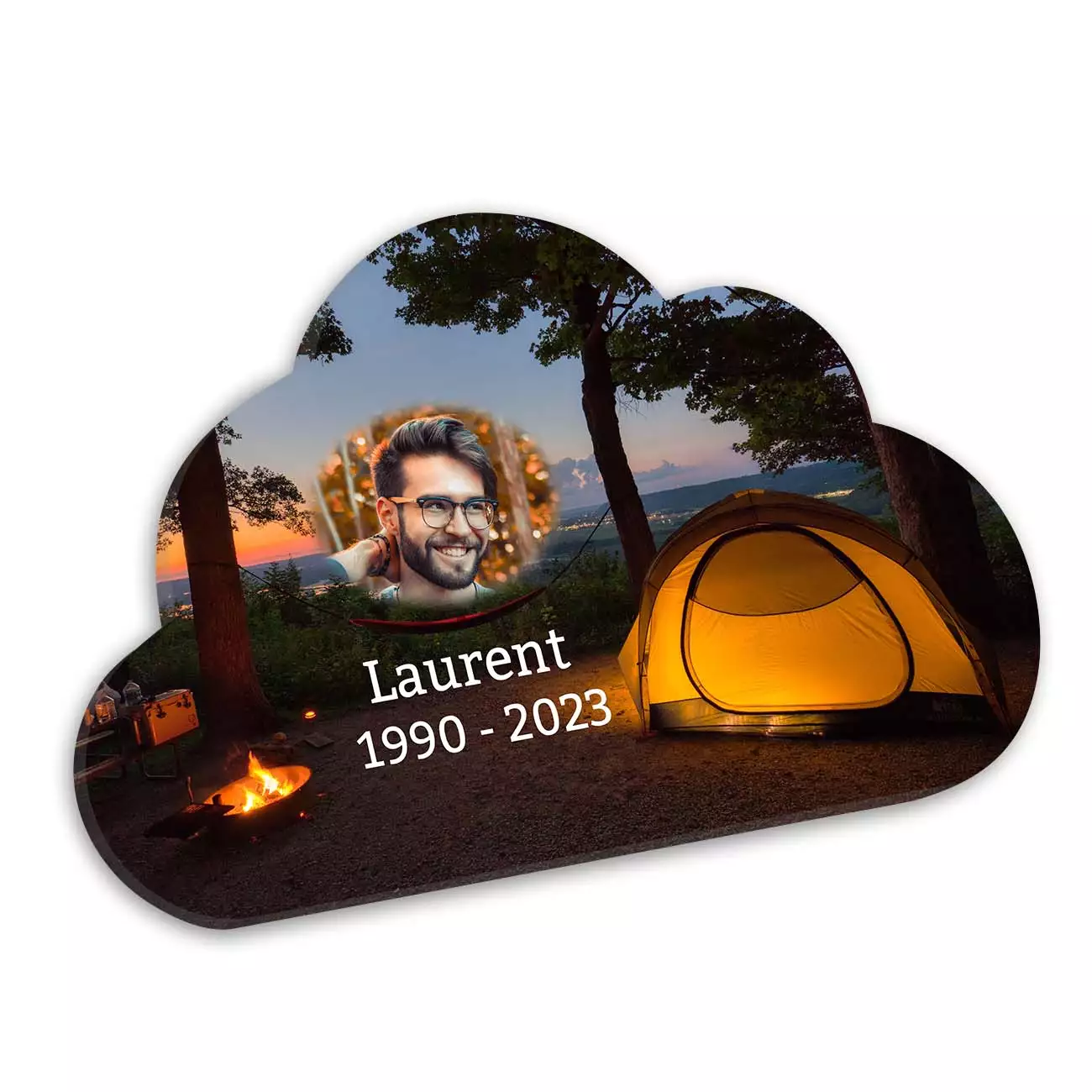 plaque funéraire personnalisée avec photo nuage sans pieds camping nature