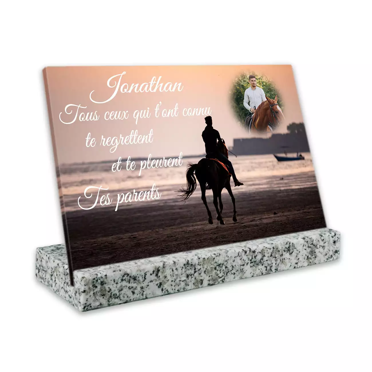 plaque funéraire personnalisée avec photo théme animaux sur un socle