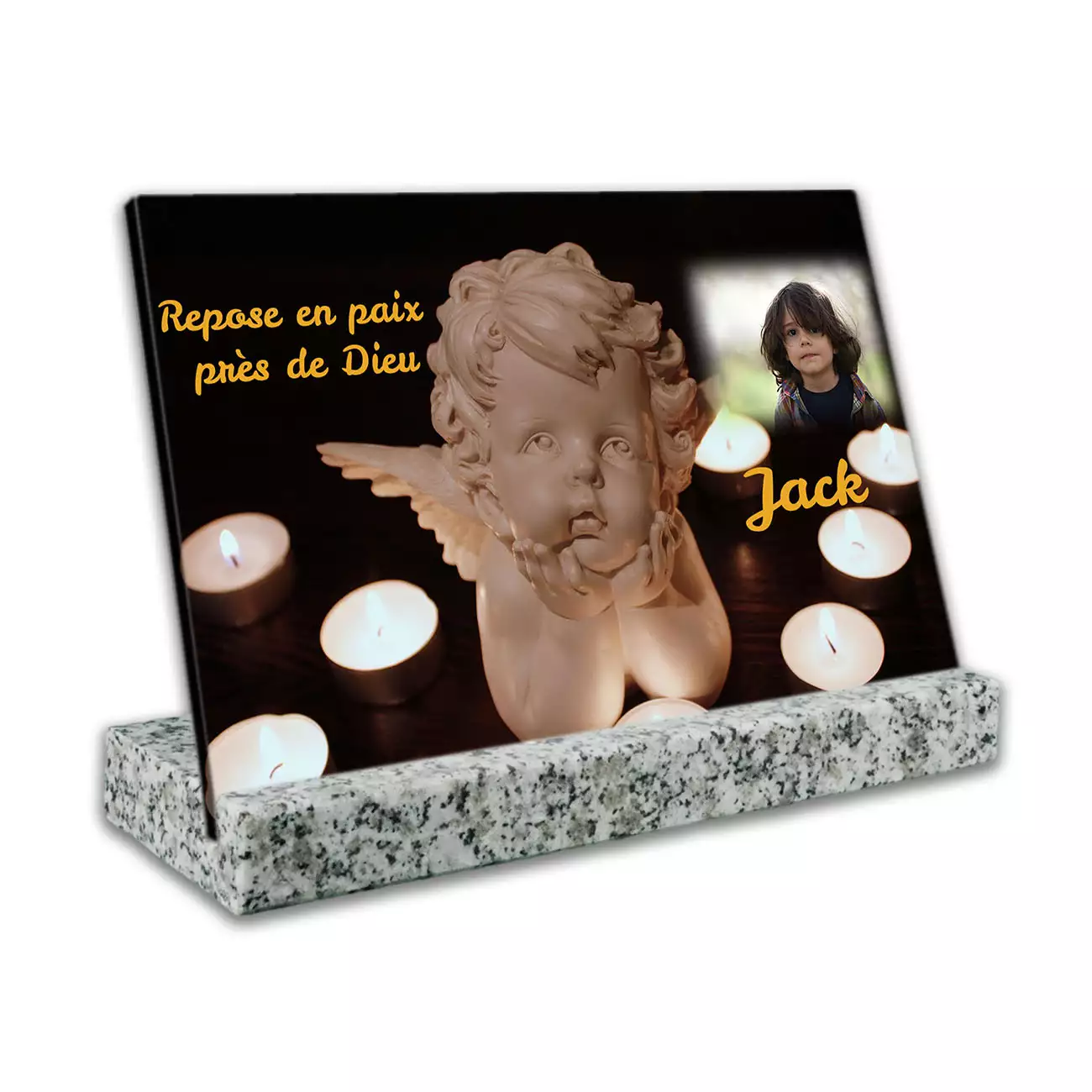 plaque personnalisée granit blanc côté textes photo