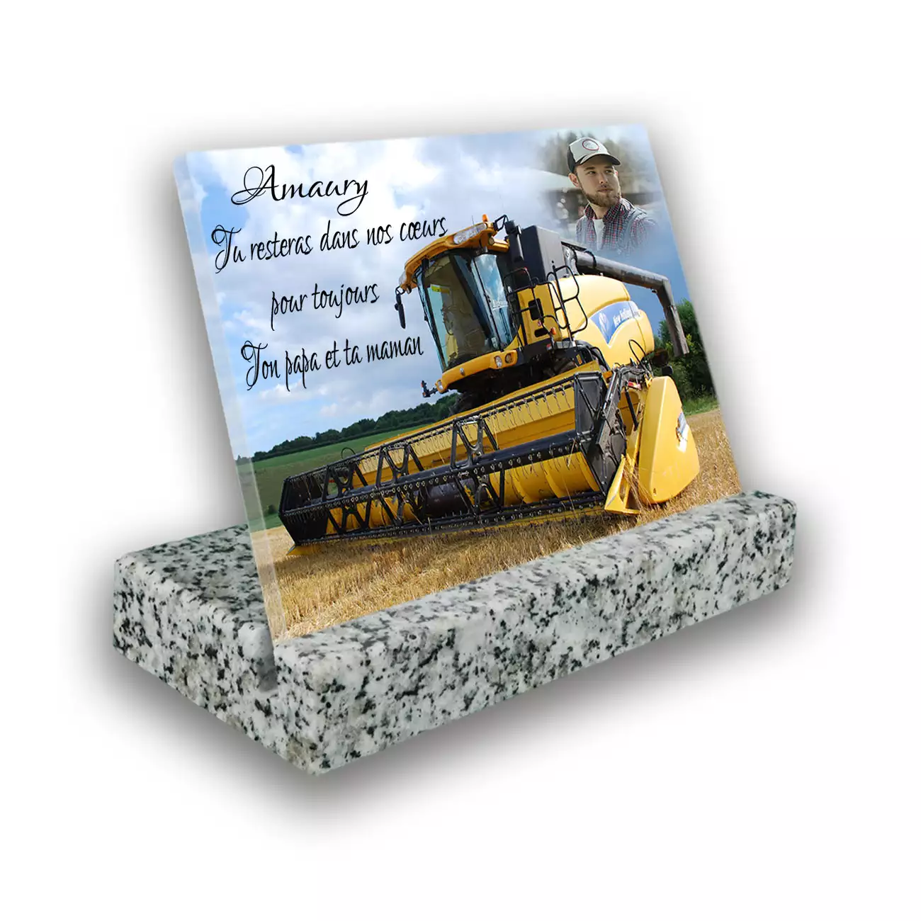 plaque personnalisée granit blanc cote texte photo