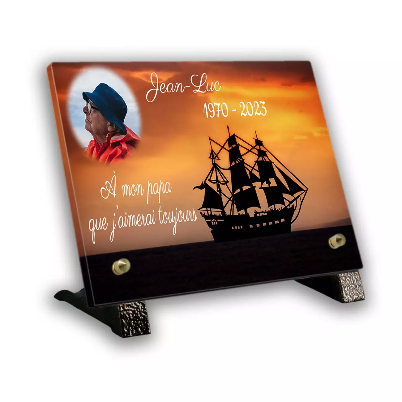 Plaque funéraire personnalisée bateau avec photo pieds