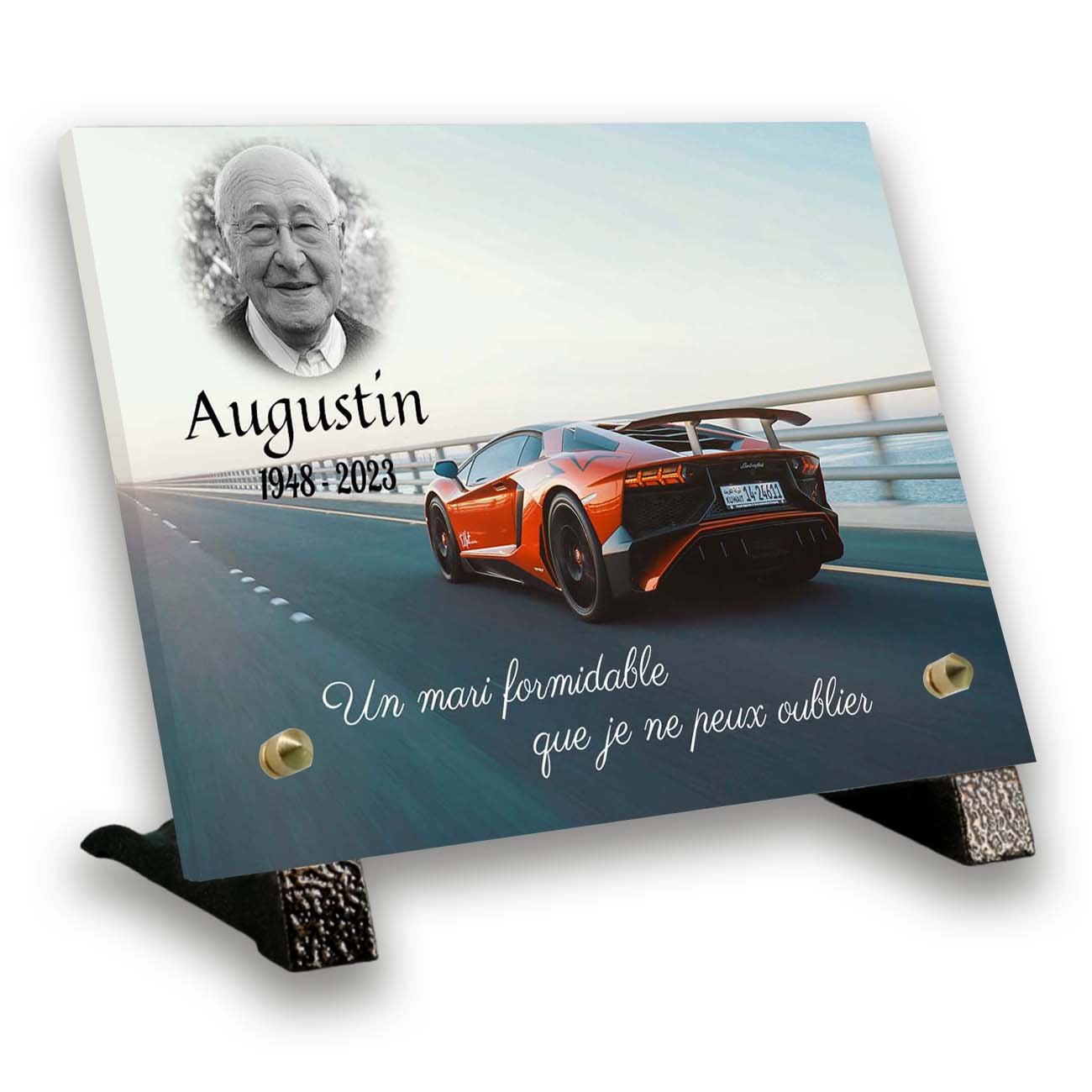 Plaque funéraire personnalisée, petit rectangle, avec socle, avec image