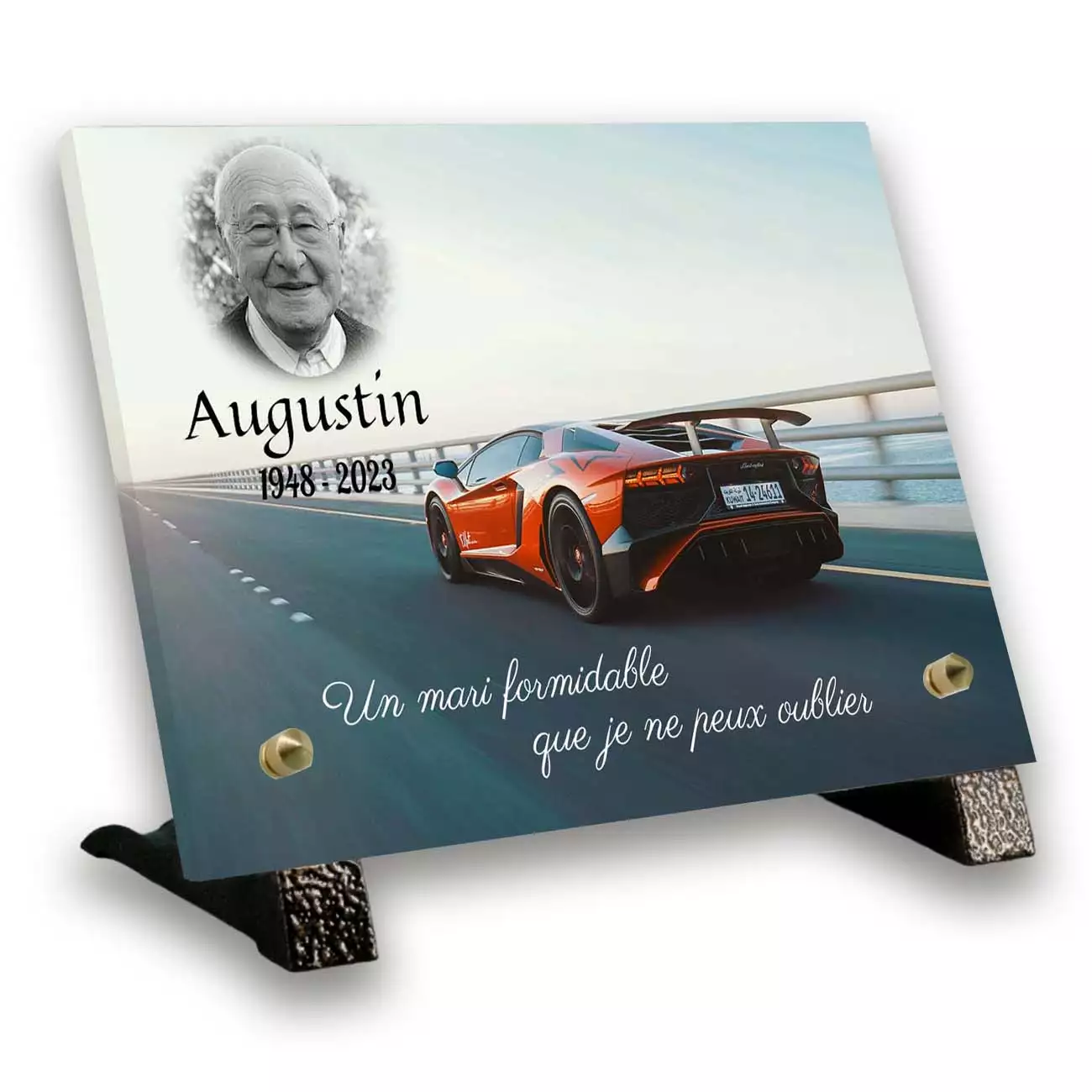 Plaque funéraire personnalisée, petit rectangle, avec socle, avec image