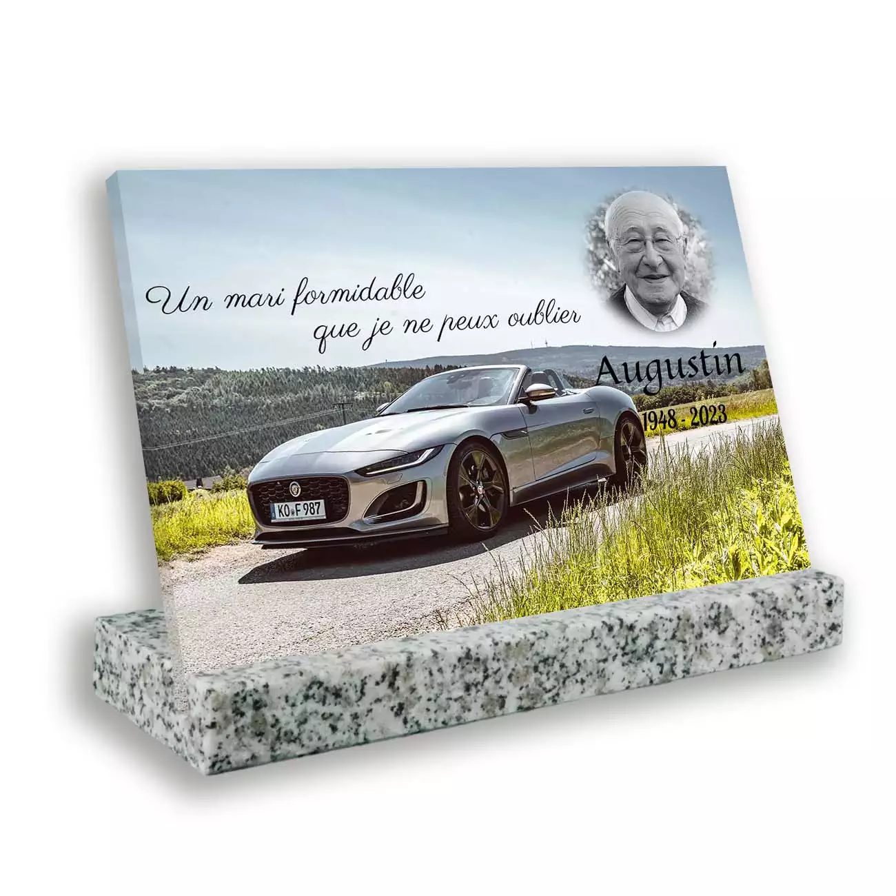 Plaque tombale personnalisée, grand rectangle, avec socle blanc , avec image