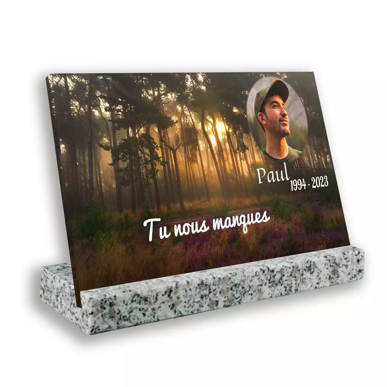 Plaque tombale personnalisée, Grand rectangle, Avec socle blanc, Avec image