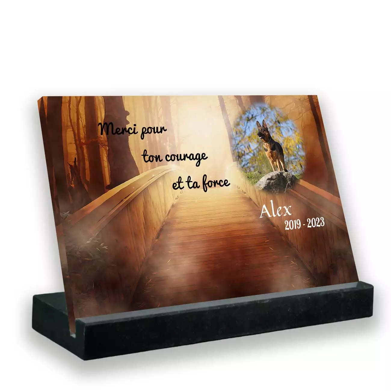 Plaque tombale personnalisée, Grand rectangle, Avec socle noir, Avec image