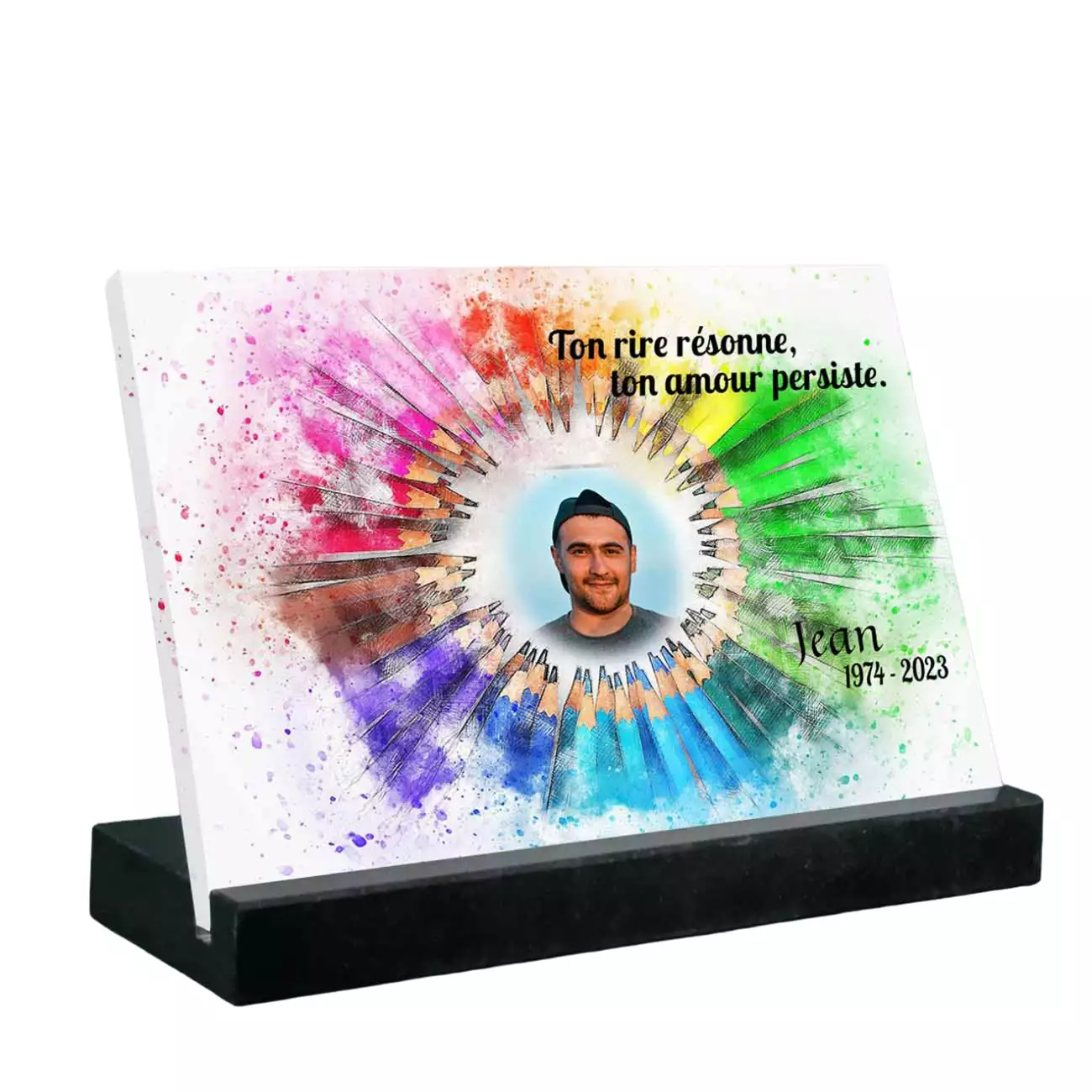 Plaque tombale personnalisée, Grand rectangle, Avec socle noir, Avec image