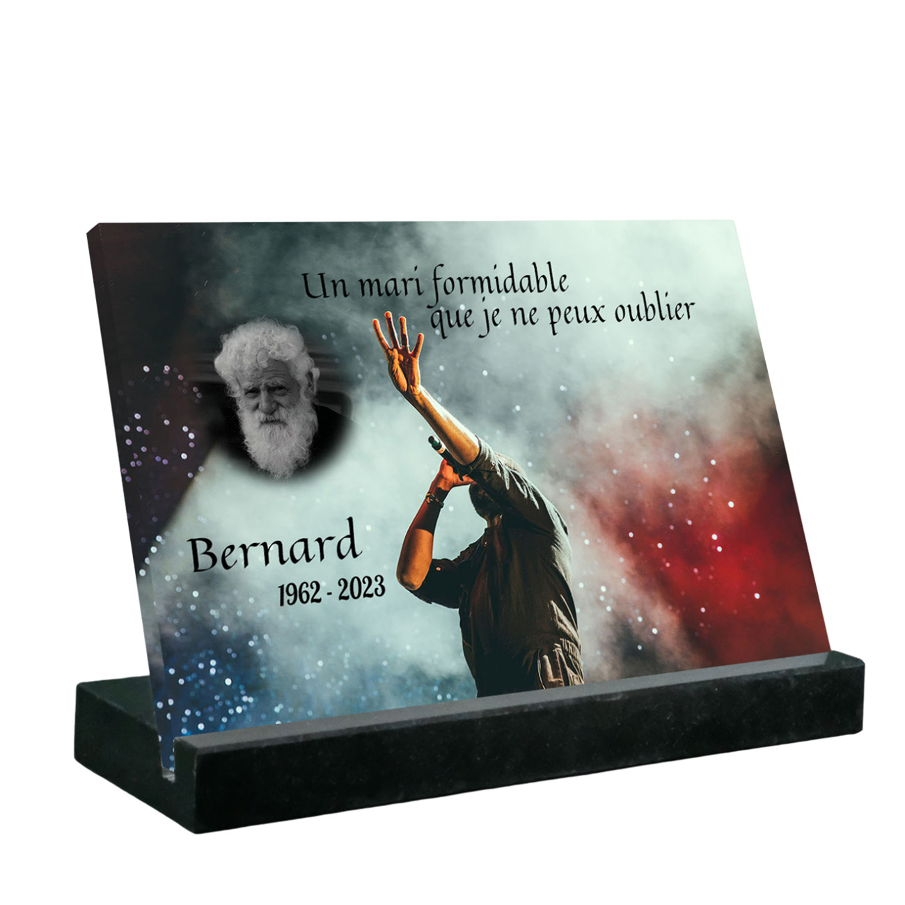 Plaque mortuaire personnalisée Grand rectangle Avec socle noir Avec image