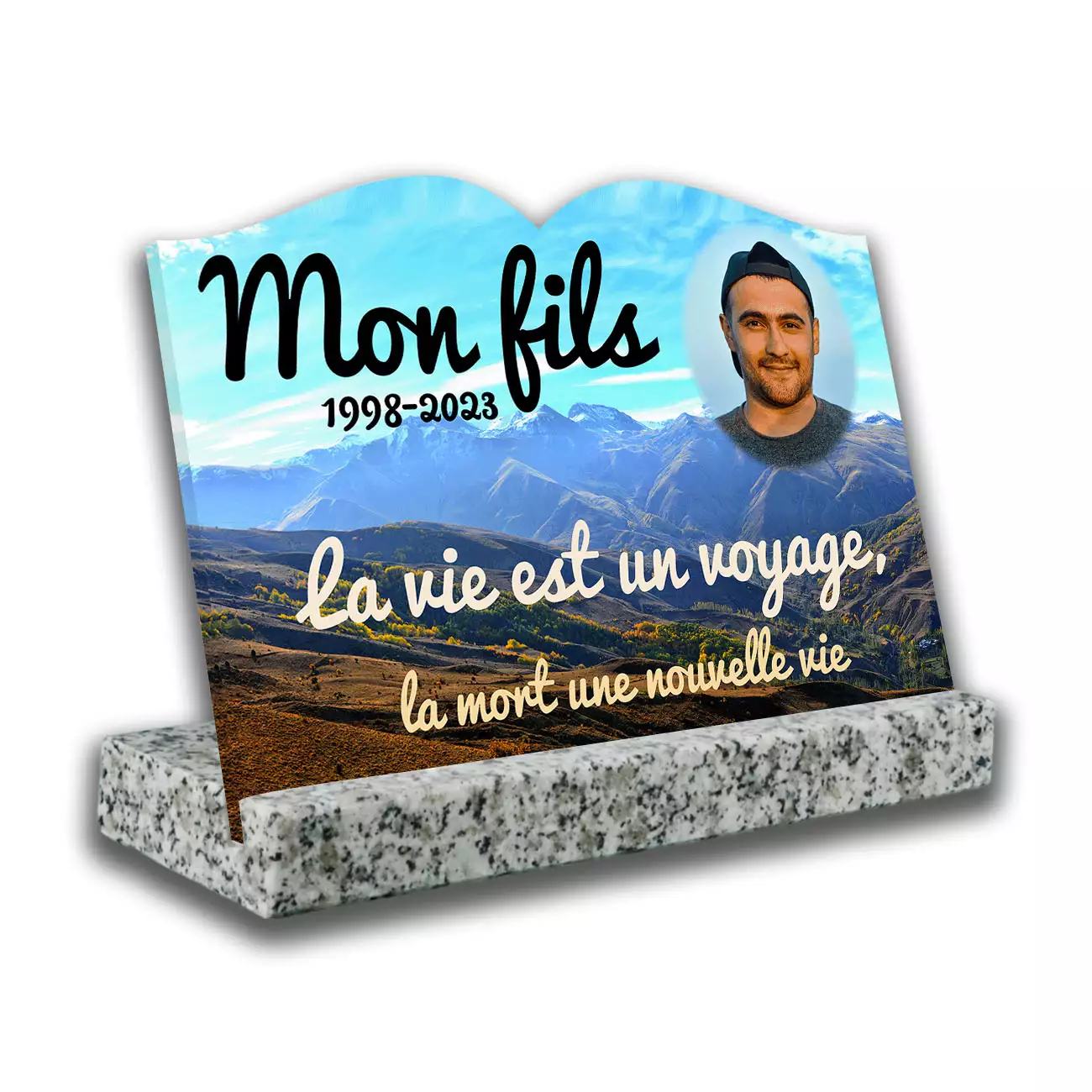 Plaque funéraire personnalisée, avec socle blanc, avec photo