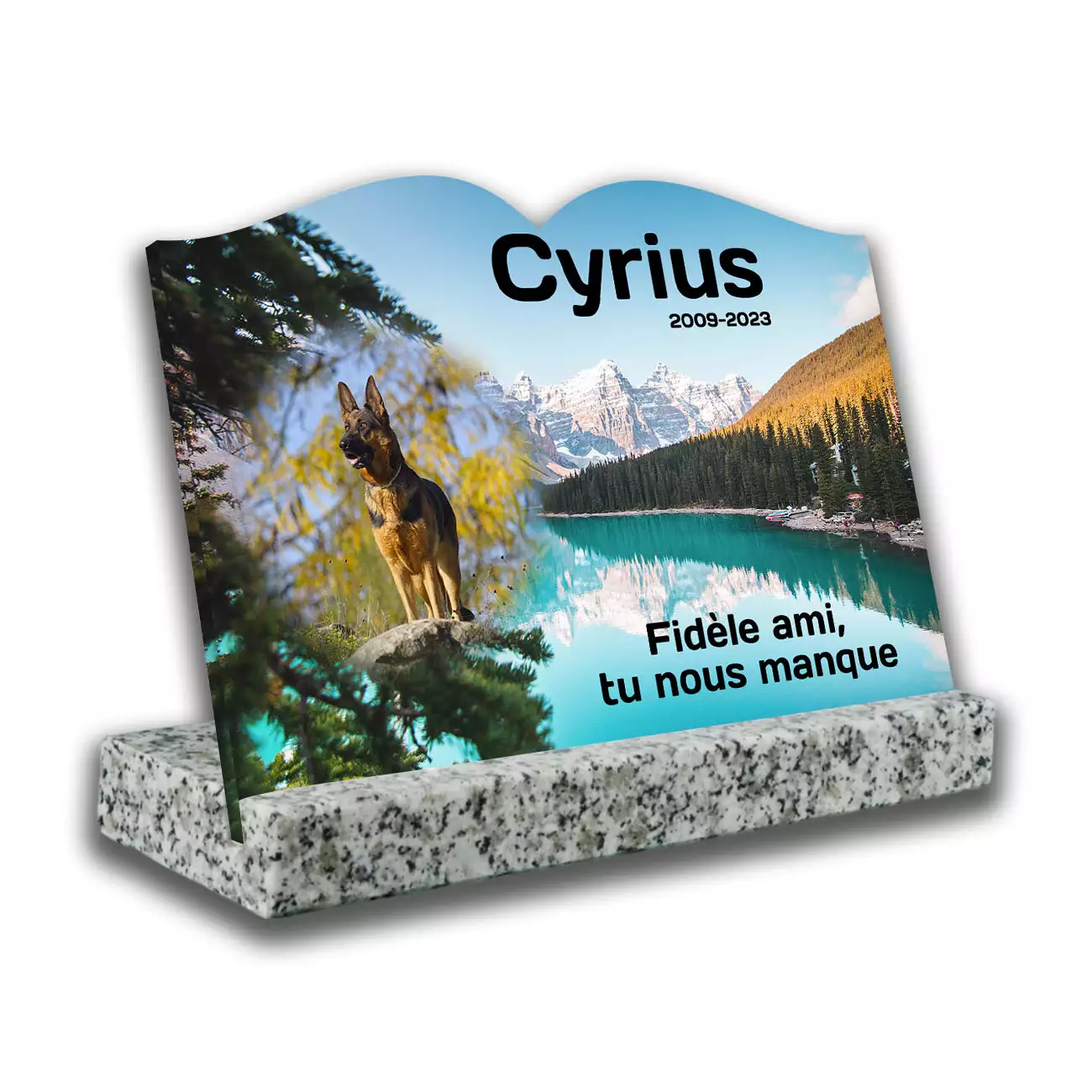 Plaque mortuaire personnalisée, avec socle blanc, avec image