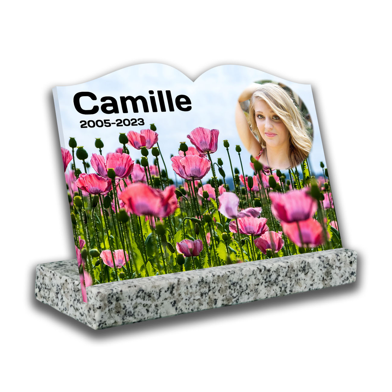 Plaque funéraire personnalisée, avec socle blanc, avec photo