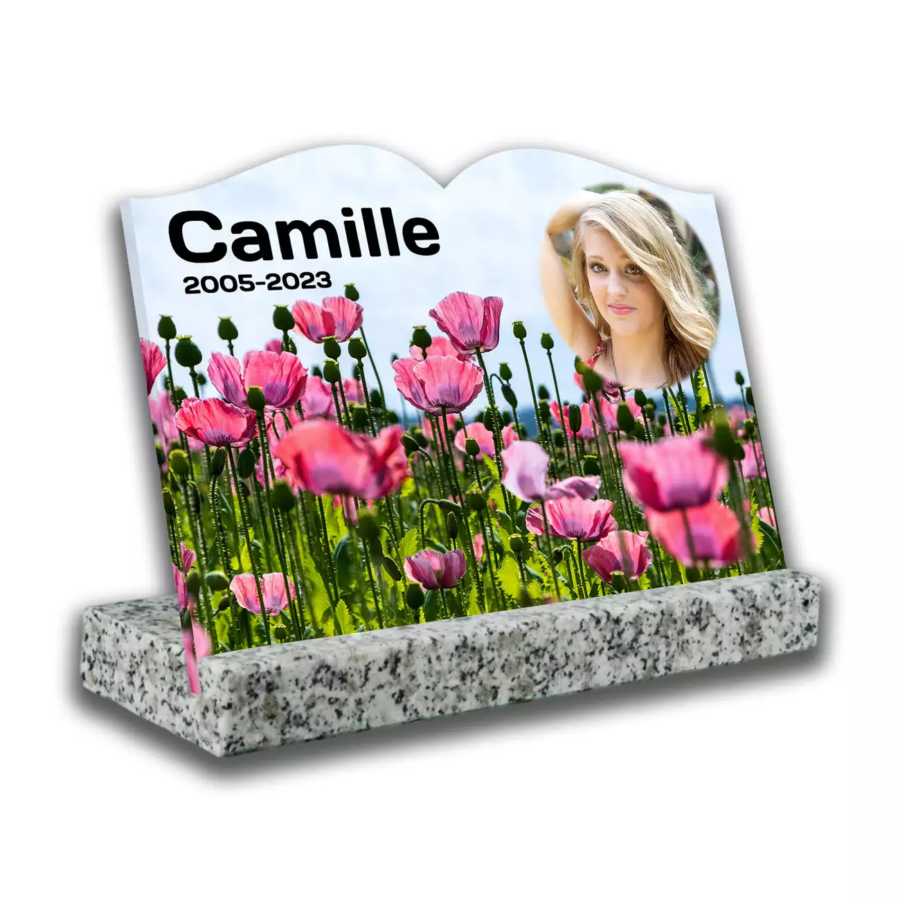 Plaque funéraire personnalisée, avec socle blanc, avec photo