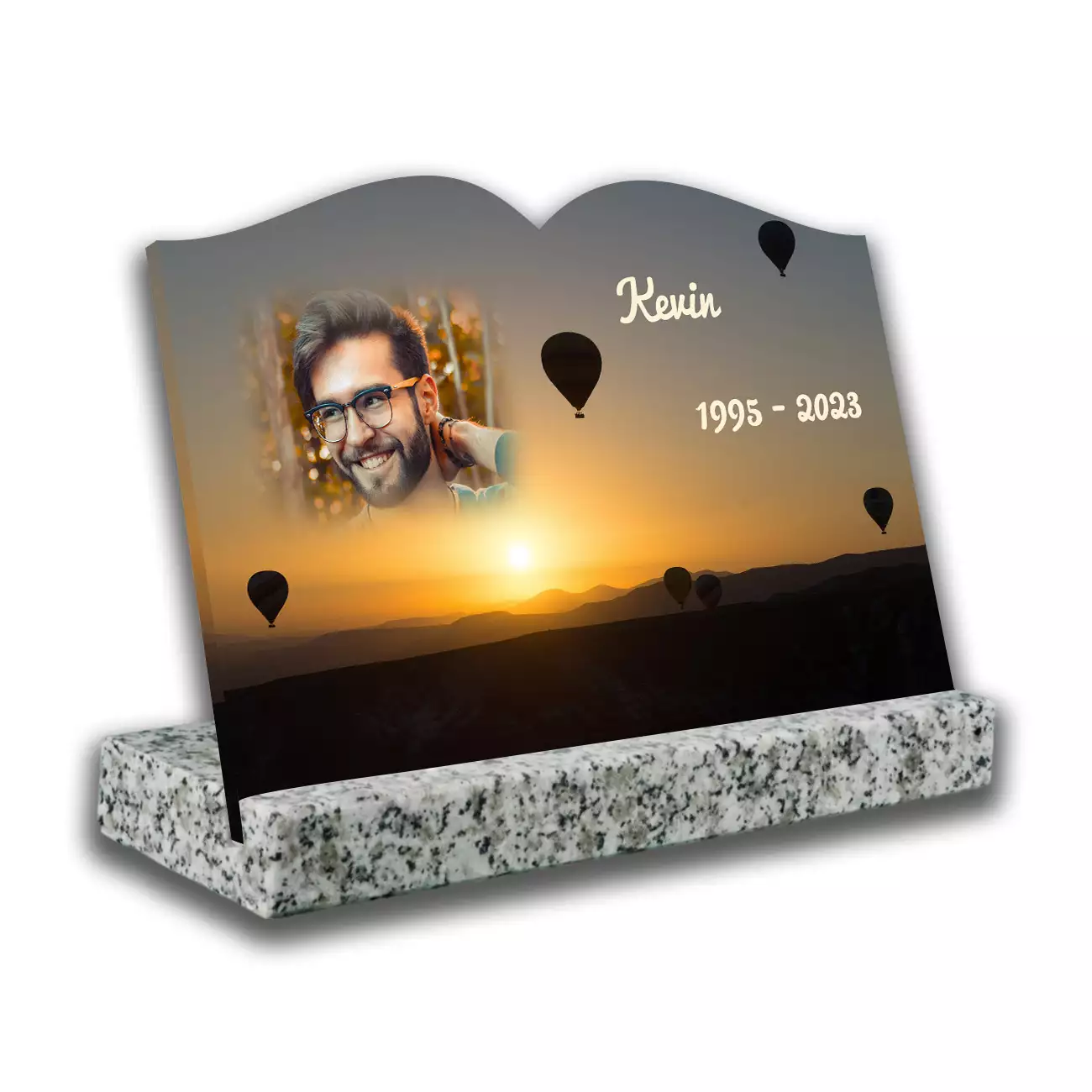 Plaque funéraire personnalisée, avec socle blanc, avec photo