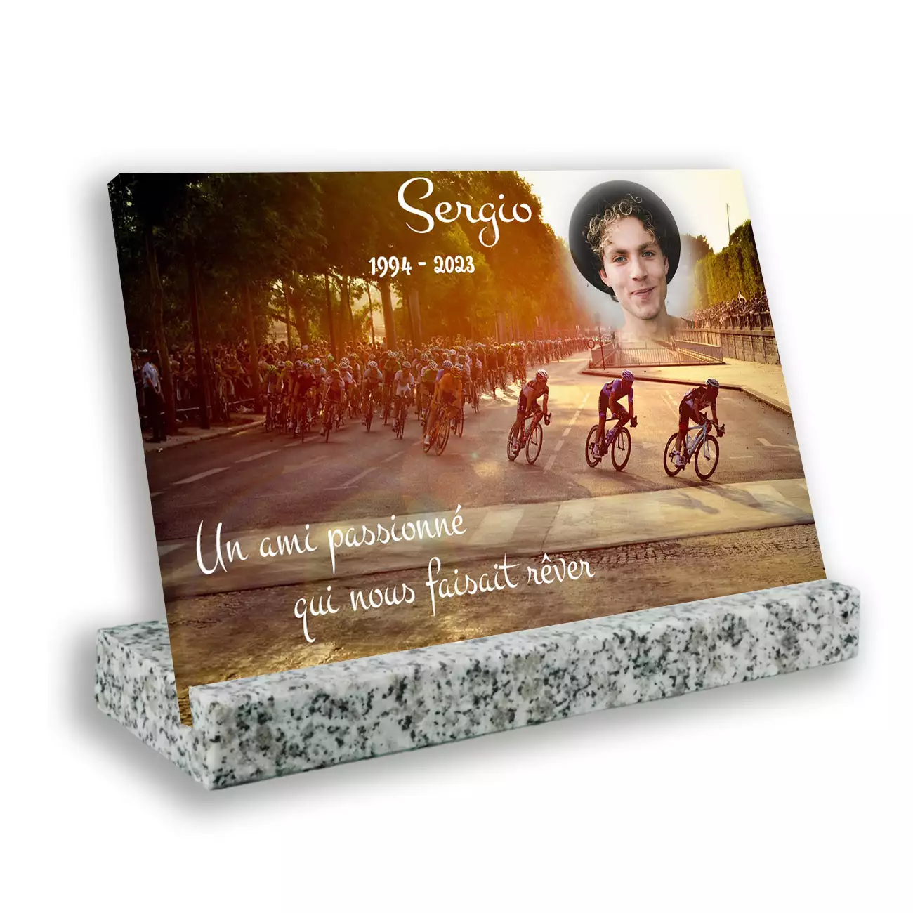 Plaque mortuaire personnalisée, avec socle blanc, avec image