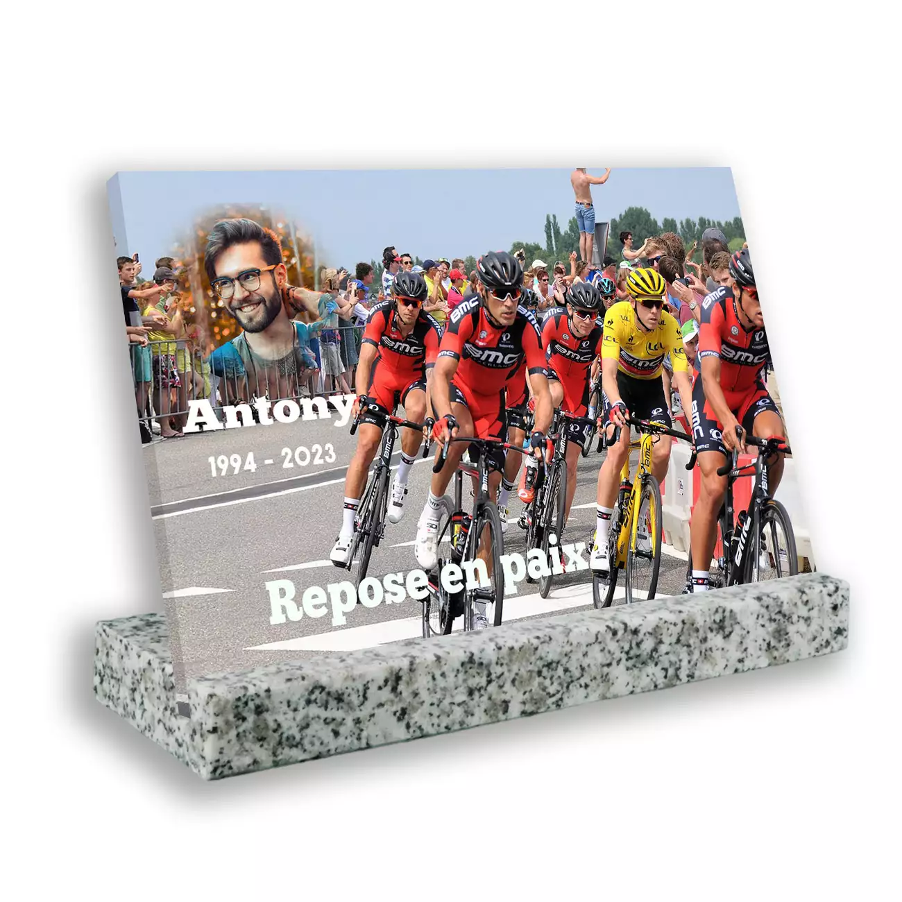 Plaque funéraire personnalisée, grand rectangle, avec socle blanc, avec image