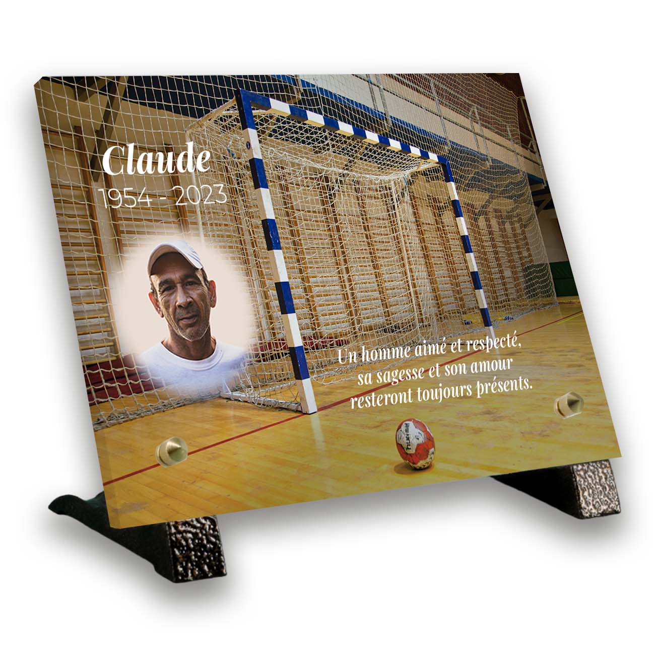 Plaque funéraire personnalisée thème handball pied avec texte et photo