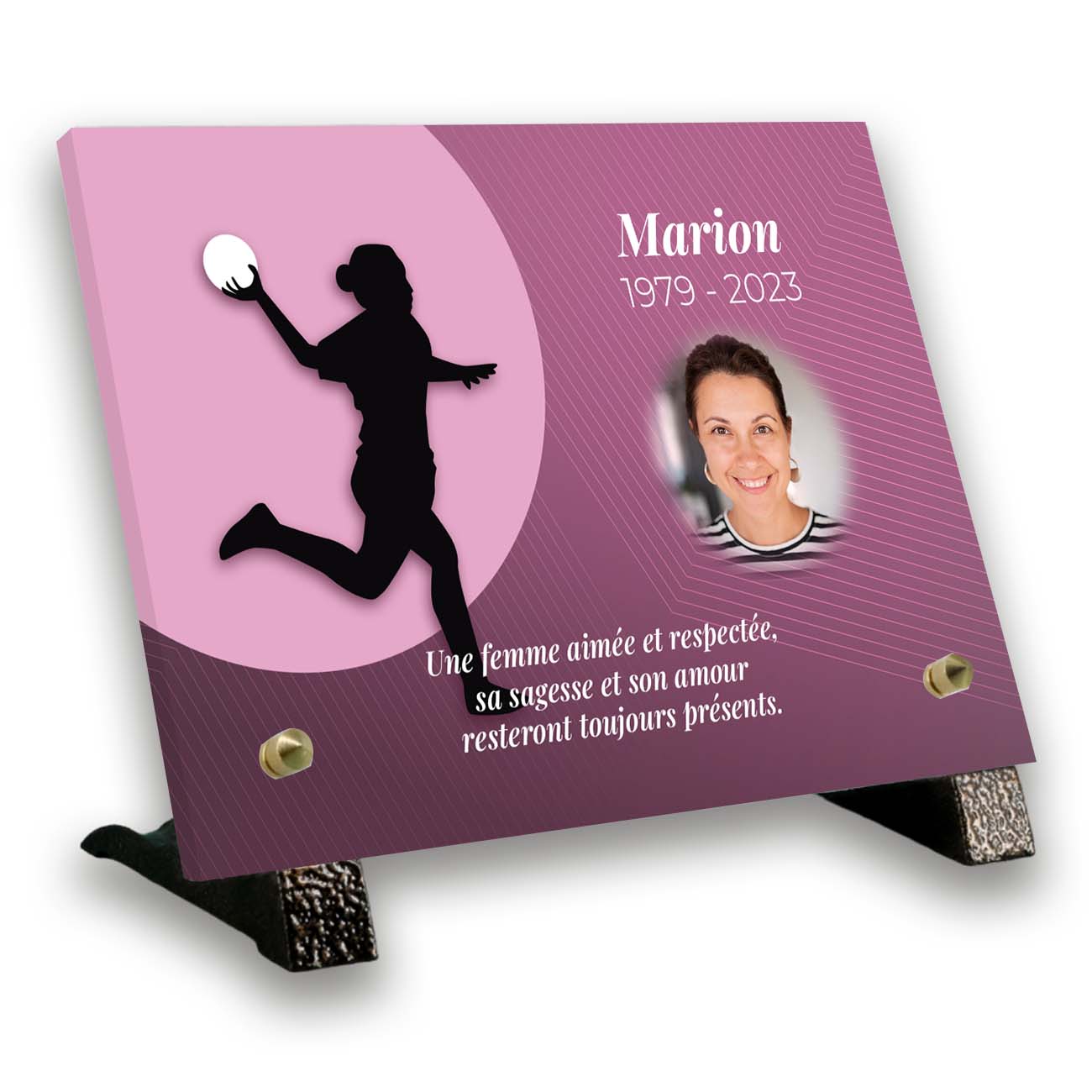 Plaque mortuaire personnalisée thème handball pied avec texte et photo