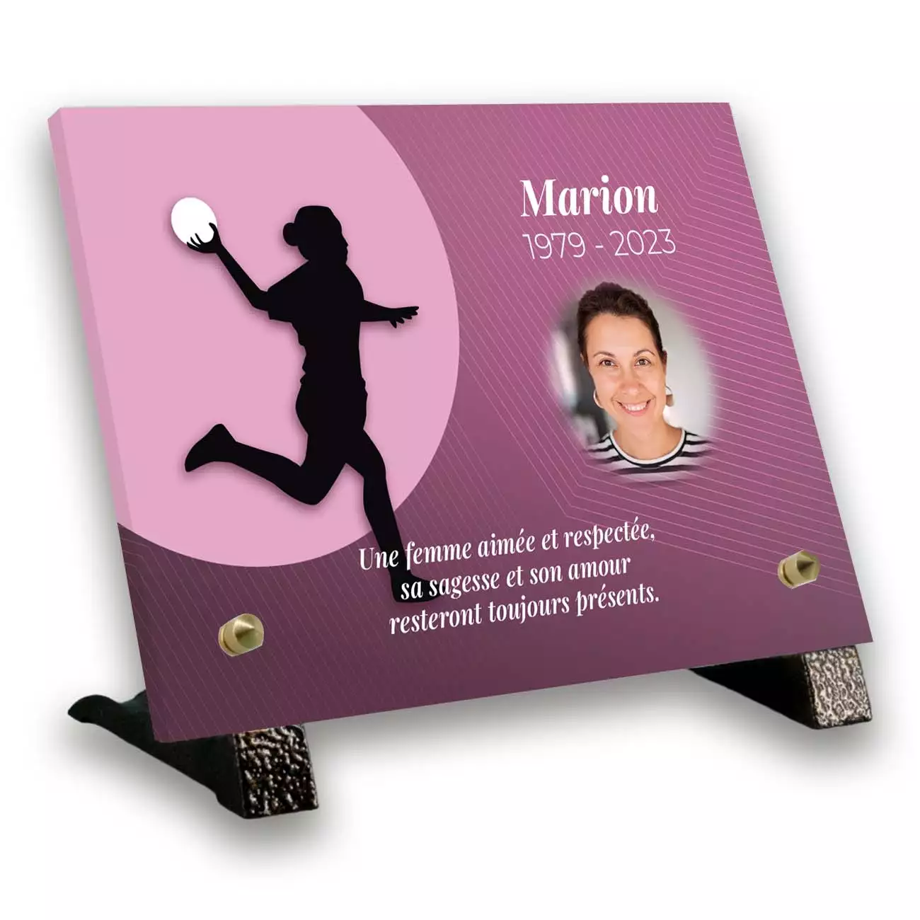Plaque mortuaire personnalisée thème handball pied avec texte et photo