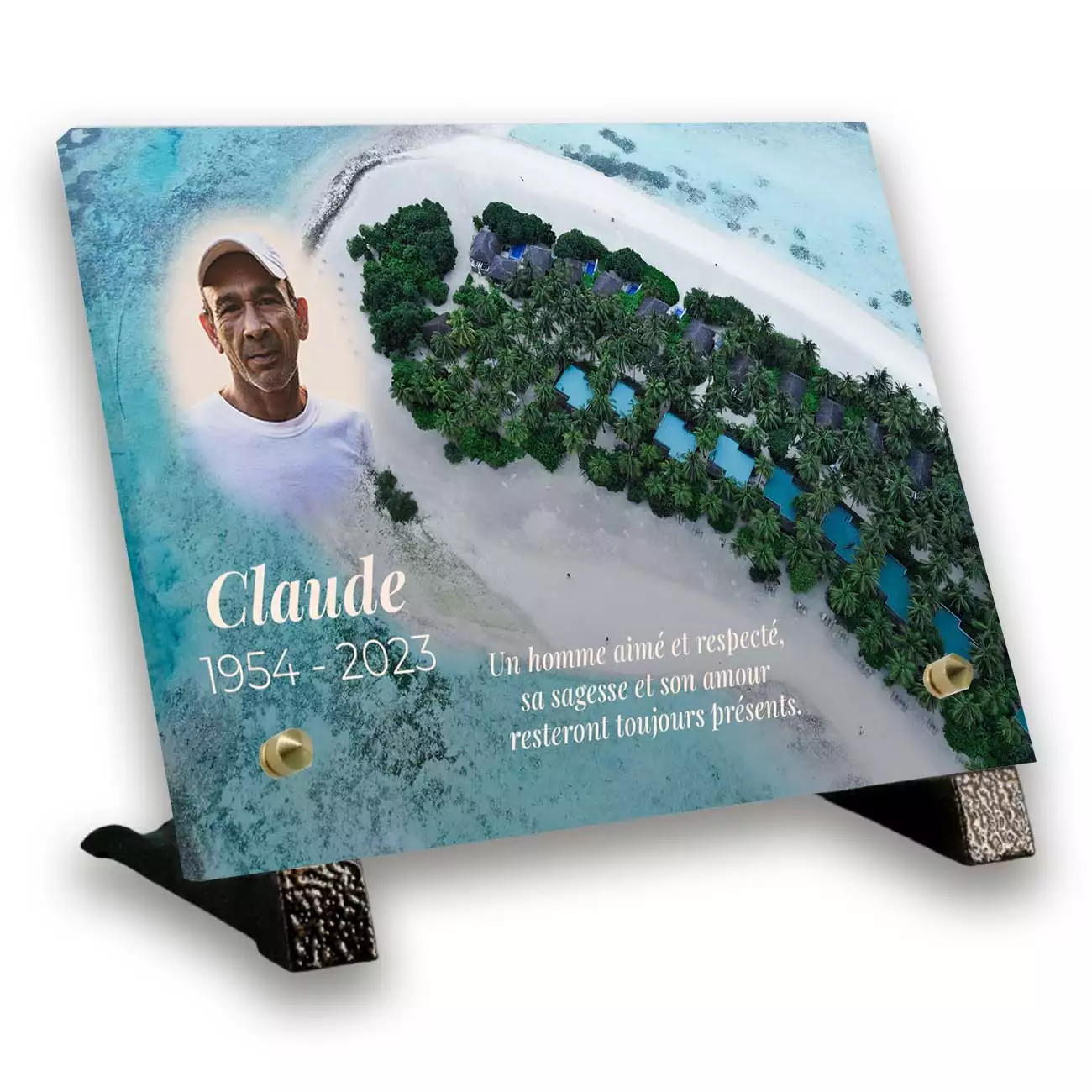 PR - Plaque mortuaire personnalisée thème Voyage pied avec texte et photo