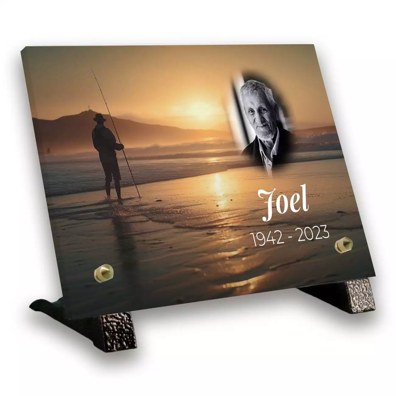 plaque funéraire personnalisée avec texte et photo pieds bronze pêche