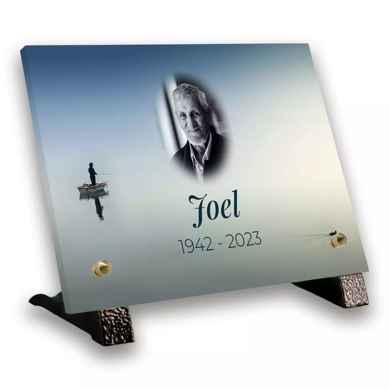 plaque funéraire personnalisée avec texte et photo pieds bronze barque