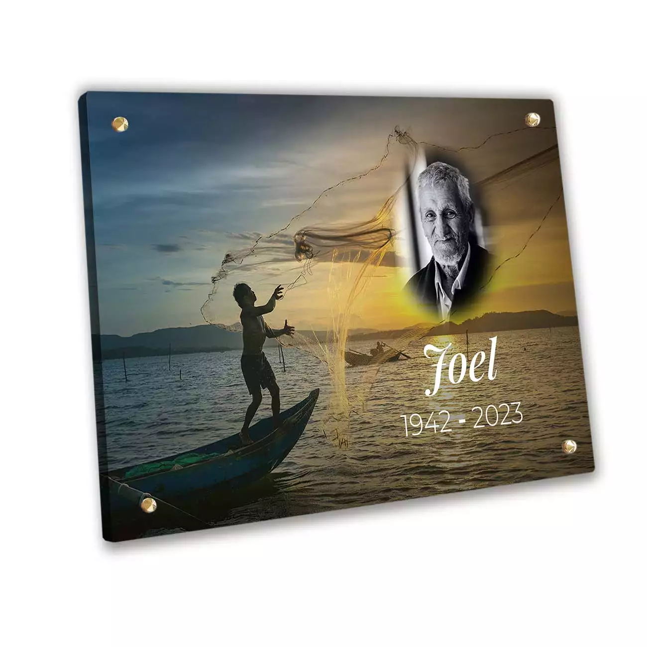 plaque funéraire personnalisée avec texte et photo sans pieds vis et cache-vis filet de peche