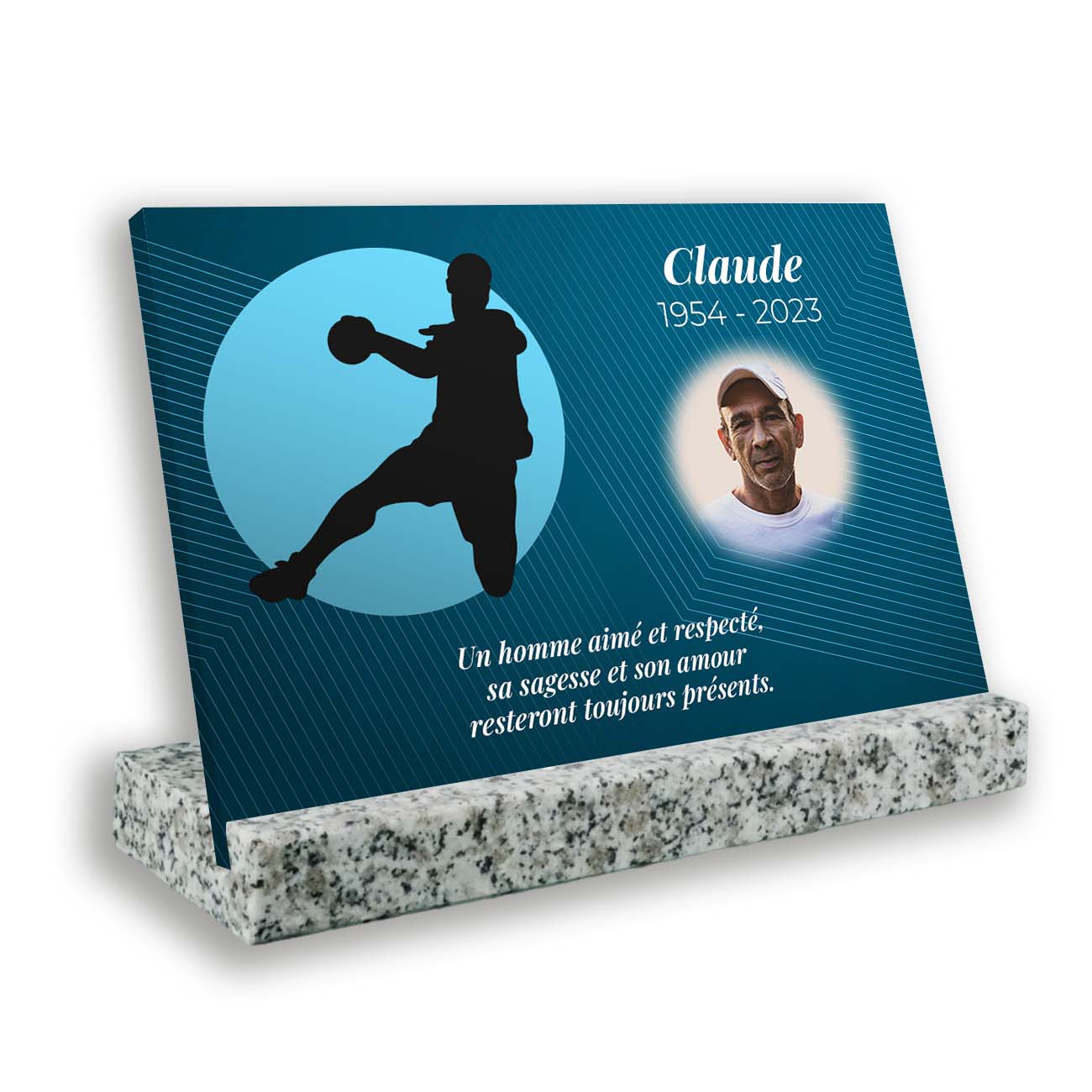 Plaque funéraire personnalisée thème handball socle granit gris avec texte et photo