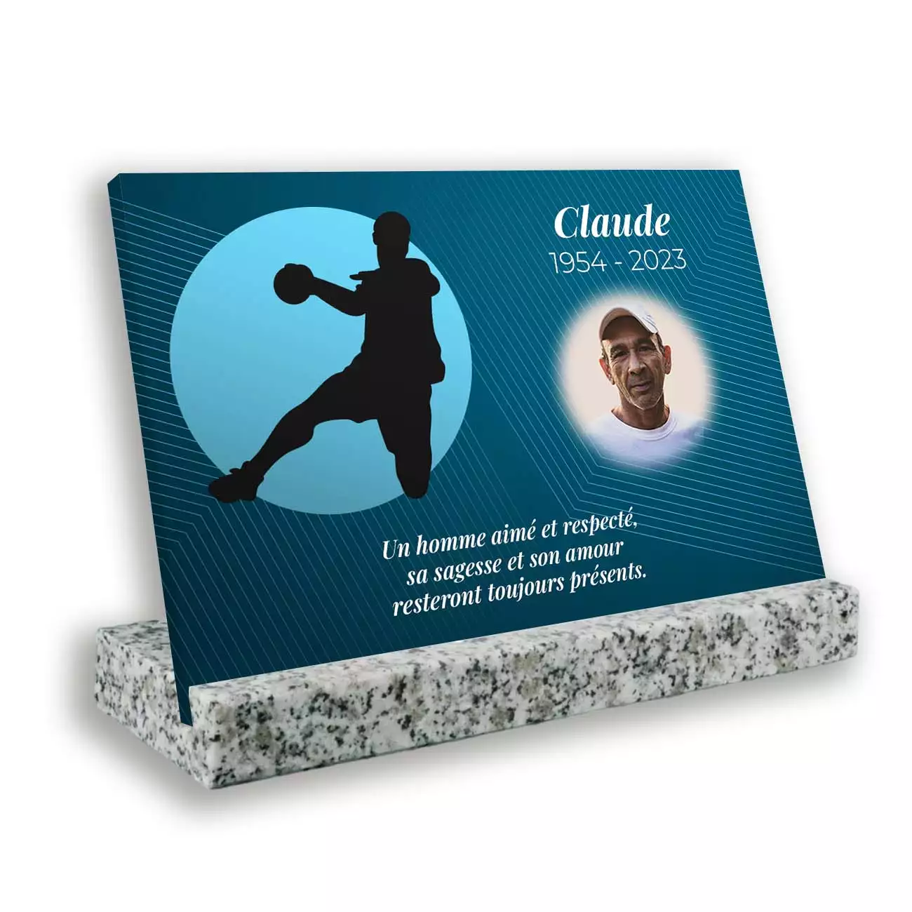 Plaque funéraire personnalisée thème handball socle granit gris avec texte et photo
