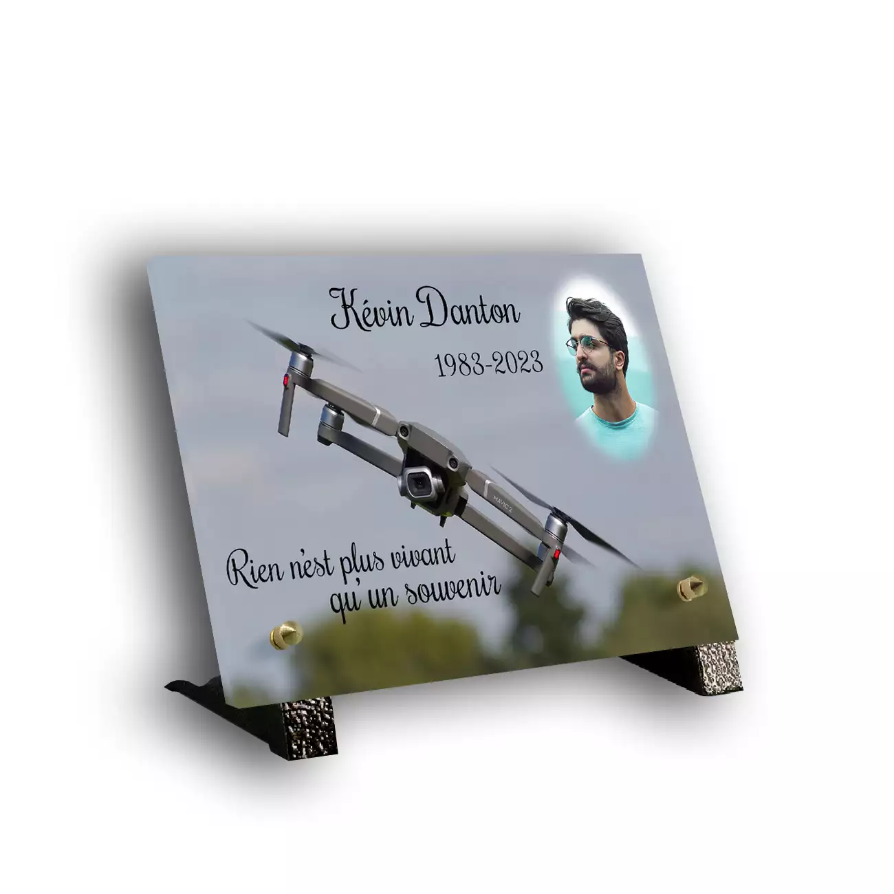 Plaque funéraire personnalisée thème Drone pieds en bronze avec texte et photo