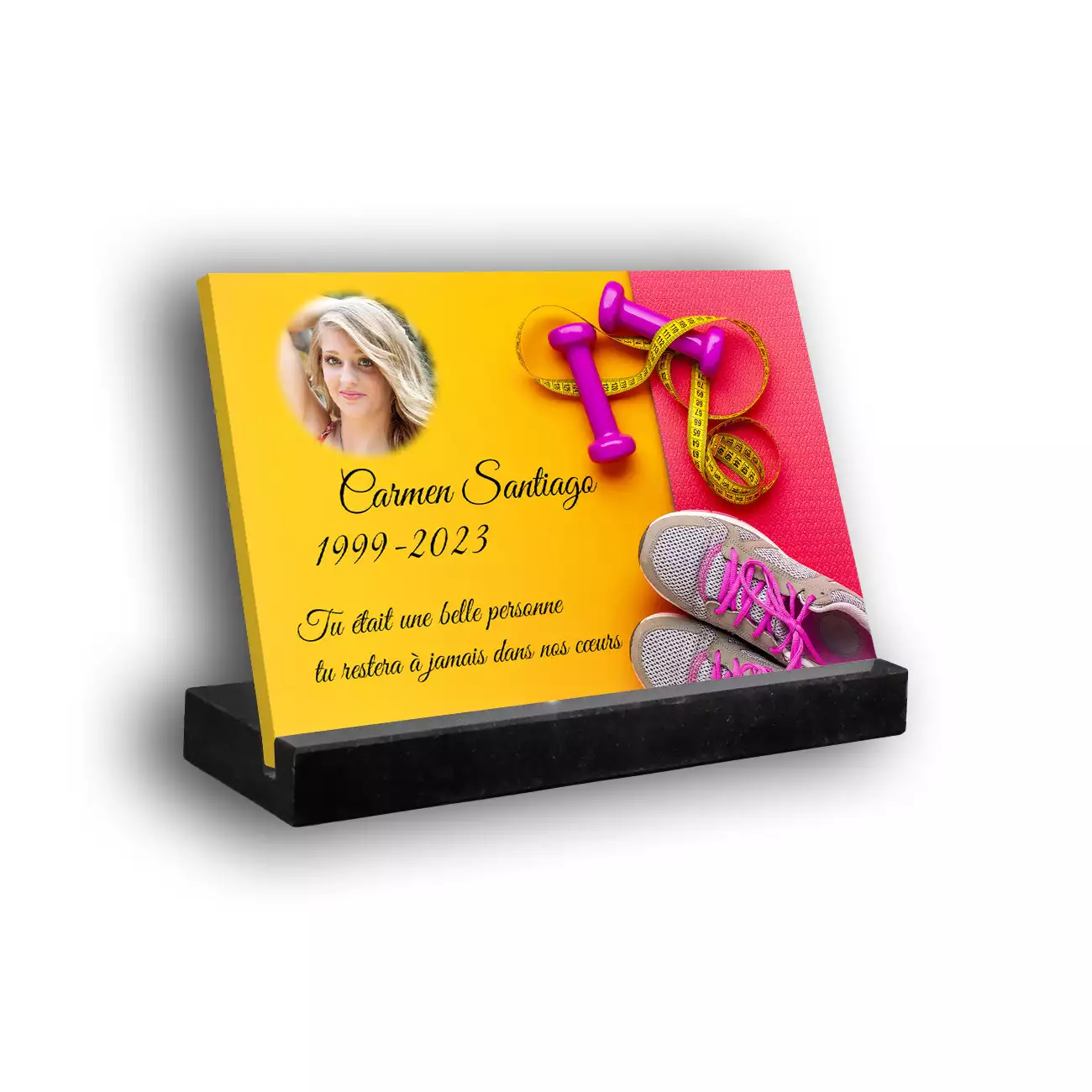 Plaque funéraire personnalisée thème Fitness-Muscu socle en granit noirc avec texte et photo