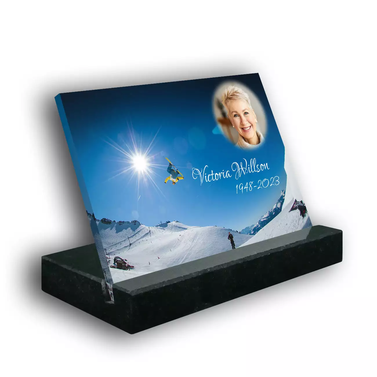 Plaque funéraire personnalisée thème Snowboard-Ski socle en granit noirc avec texte et photo