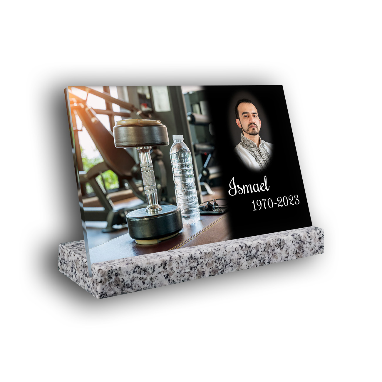 Plaque funéraire personnalisée thème Fitness-Muscu socle en granit blanc avec texte et photo