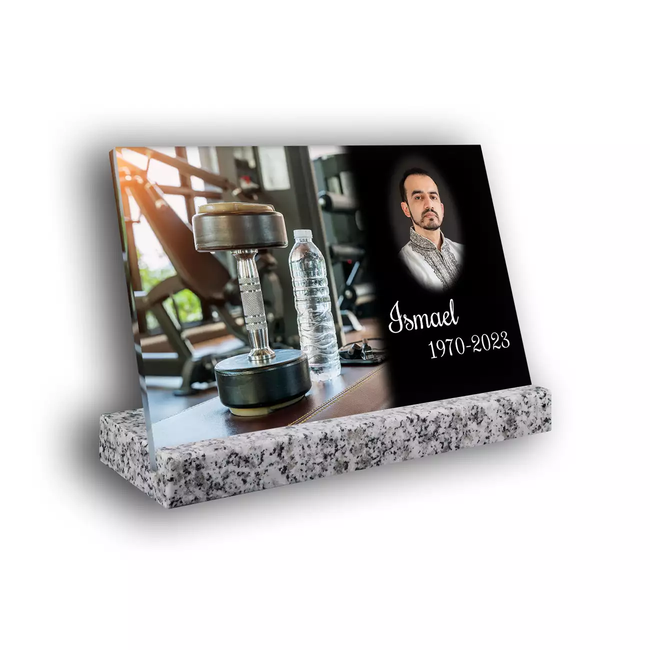 Plaque funéraire personnalisée thème Fitness-Muscu socle en granit blanc avec texte et photo