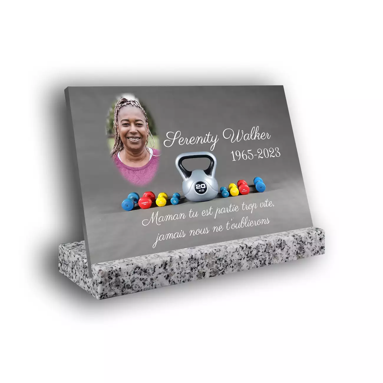 Plaque funéraire personnalisée thème Fitness-Muscu socle en granit blanc avec texte et photo