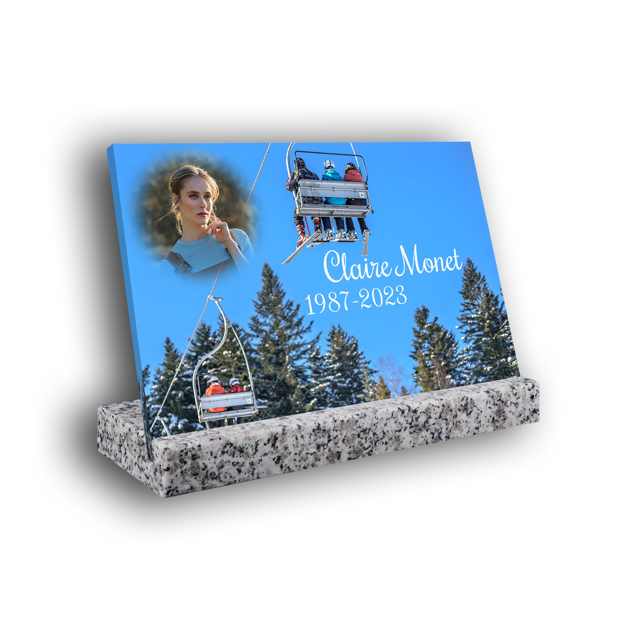 Plaque funéraire personnalisée thème Snowboard-Ski socle en granit blanc avec texte et photo