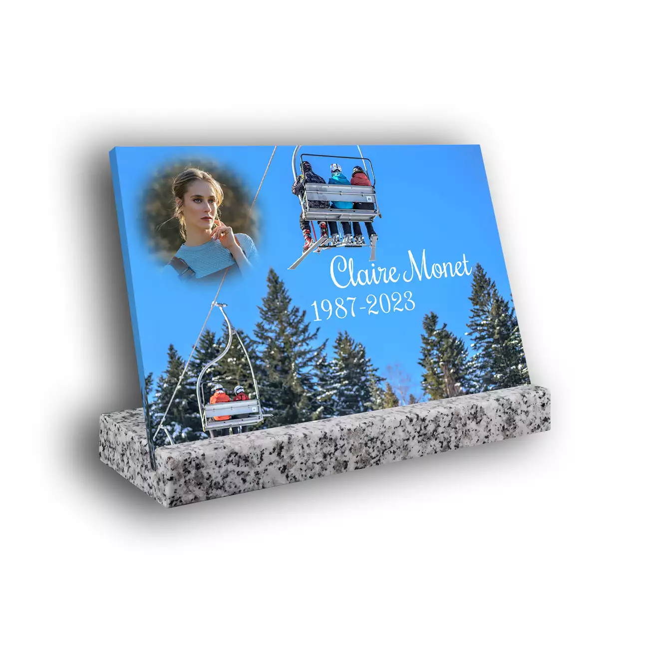 Plaque funéraire personnalisée thème Snowboard-Ski socle en granit blanc avec texte et photo