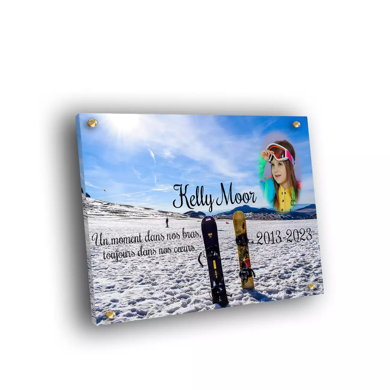 Plaque funéraire personnalisée thème Snowboard-Ski vis et cache-vis avec texte et photo