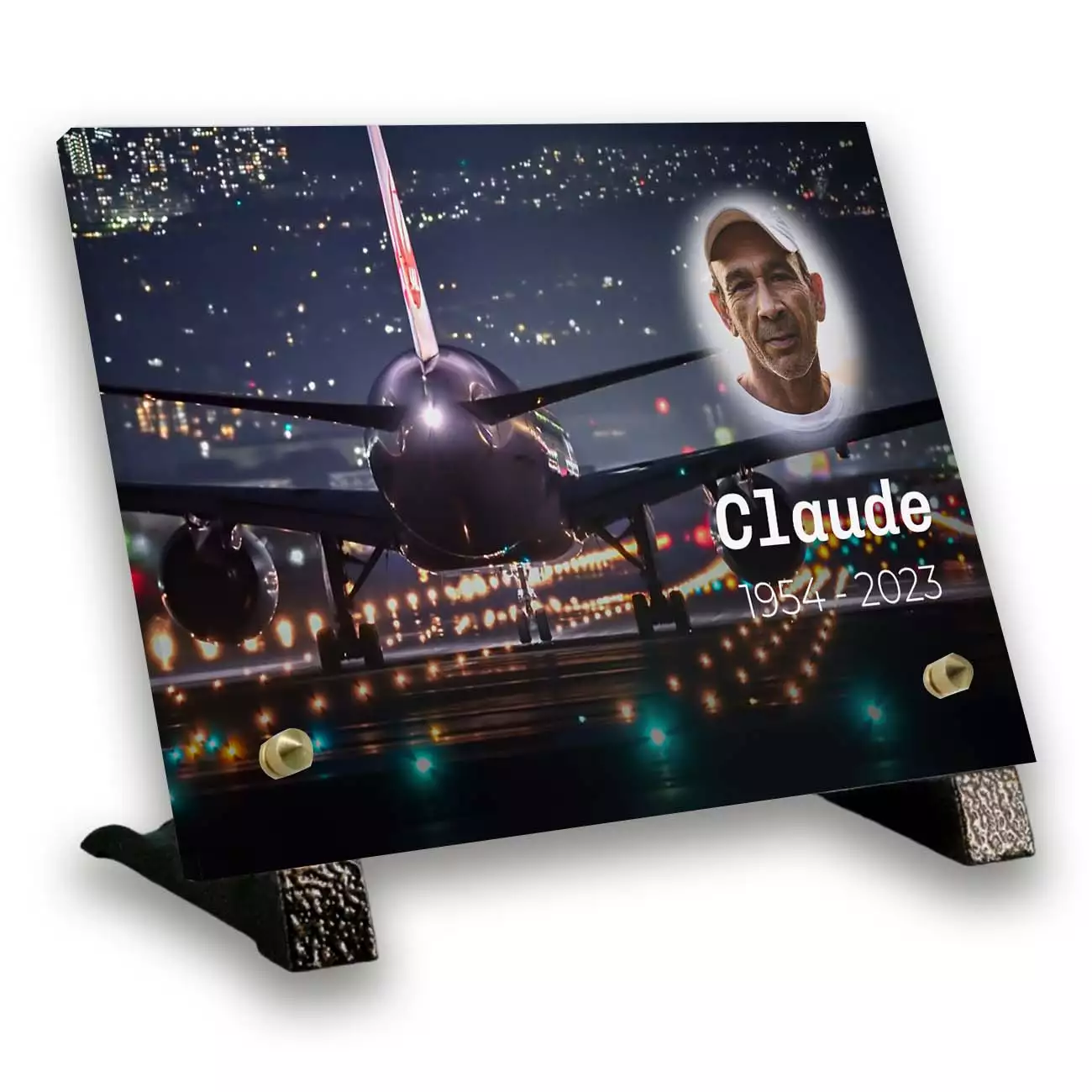 Plaque funéraire photo thème pilote avec support pieds