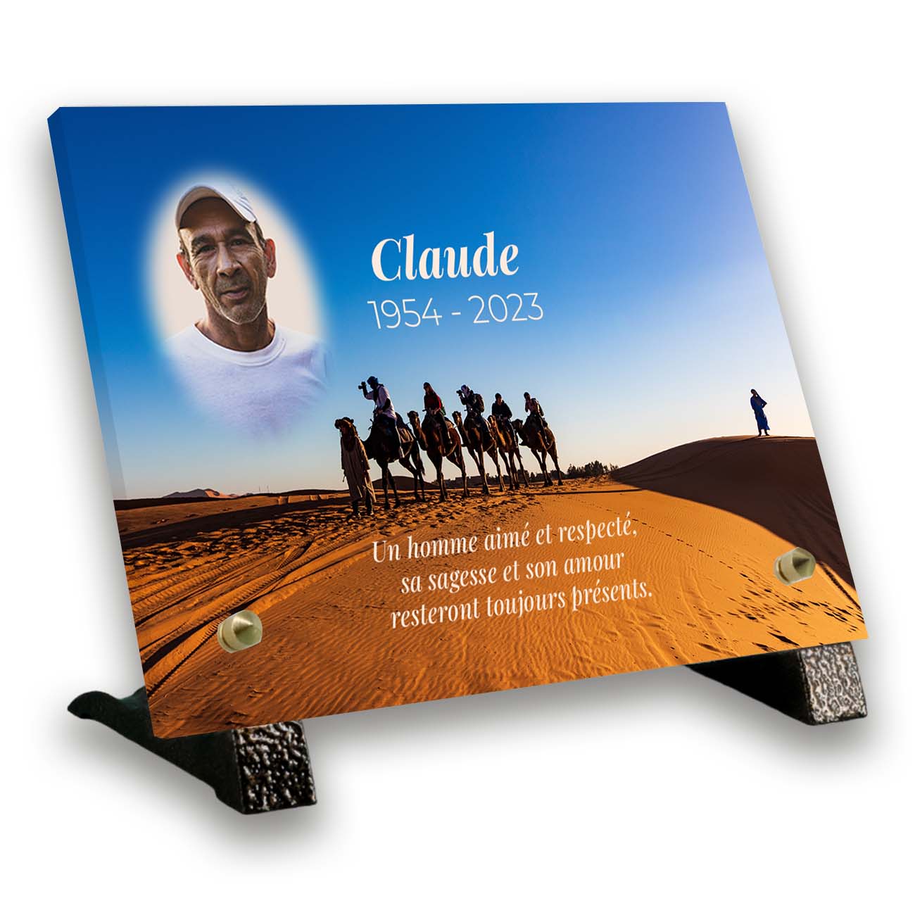 PR - plaque funéraire personnalisée avec texte et photo pieds Voyage