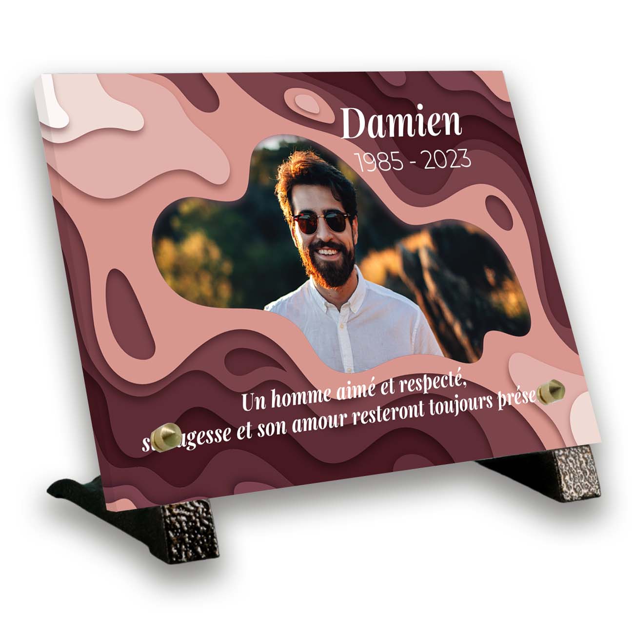 Plaque funéraire photo thème personnalisé avec support pieds