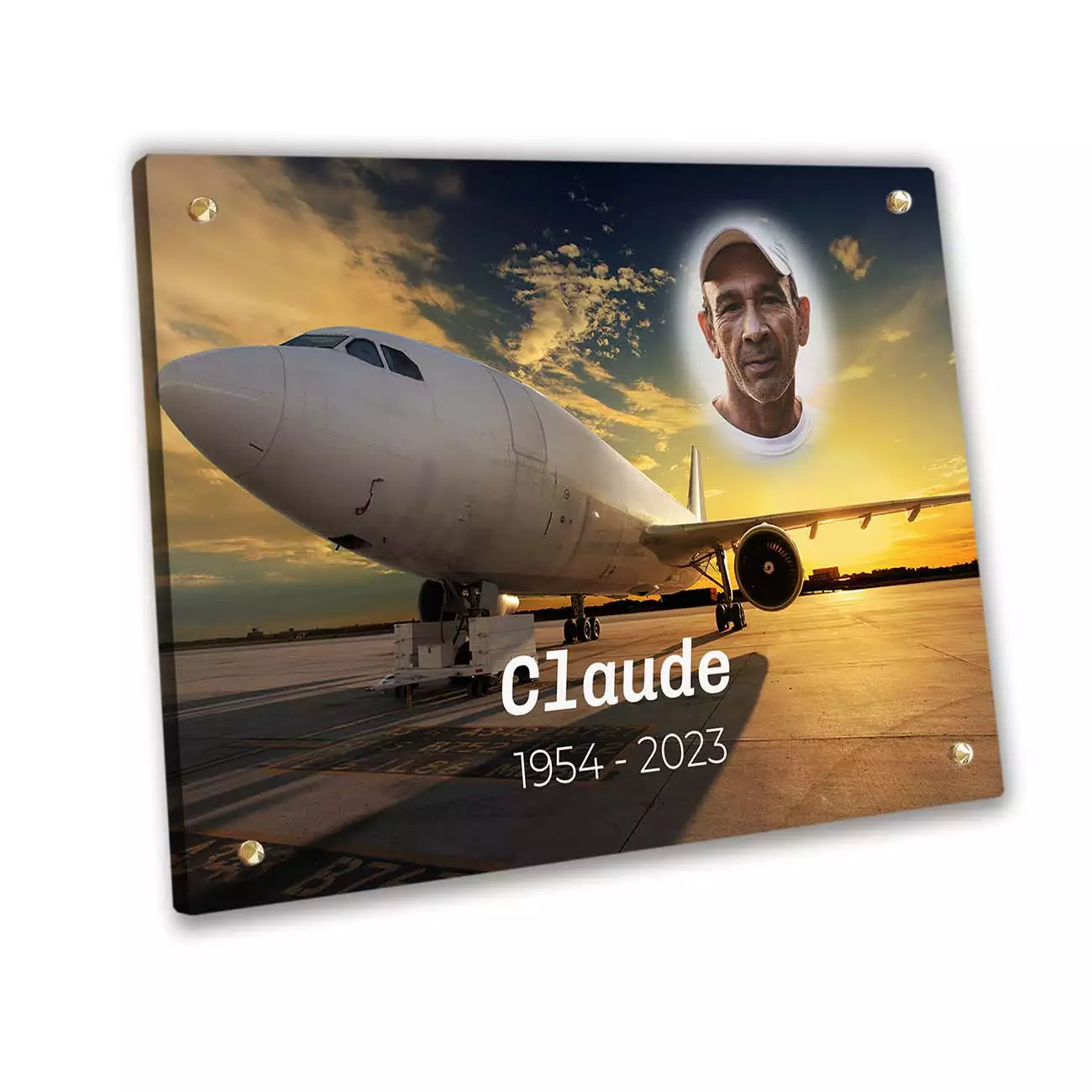 Plaque funéraire photo thème aéronaute avec vis et cache-vis