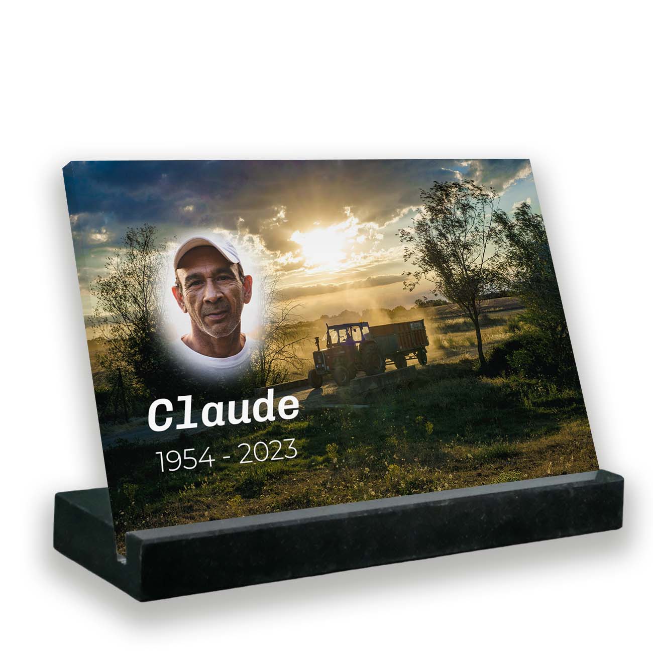 Plaque funéraire photo thème agriculteur avec support socle en granit noir