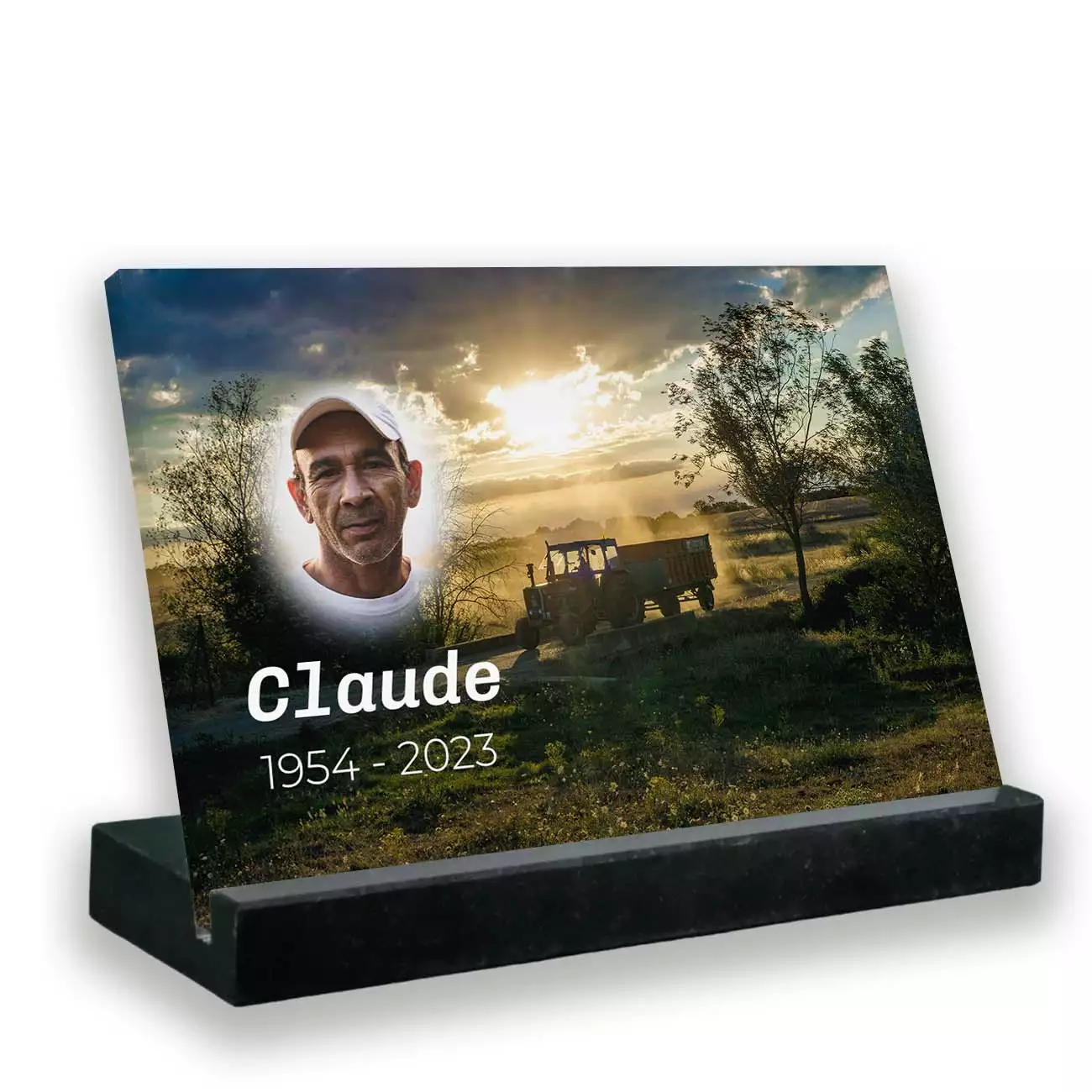 Plaque funéraire photo thème agriculteur avec support socle en granit noir