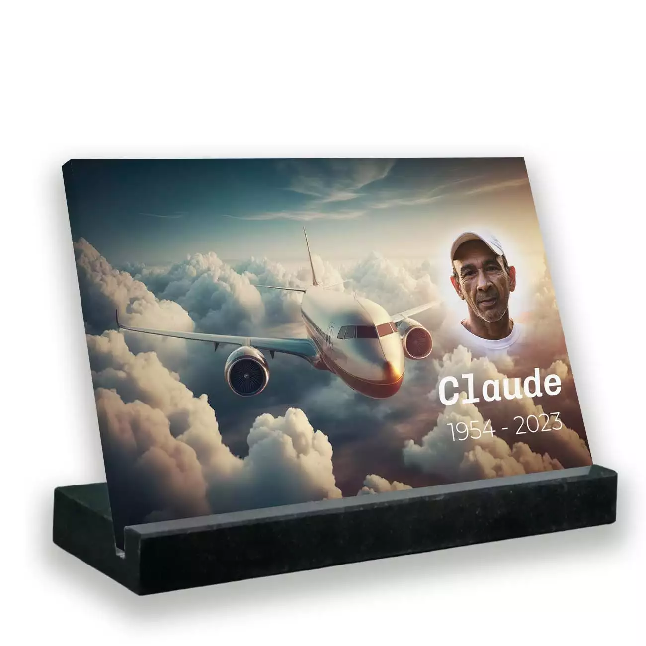 Plaque funéraire photo thème avion avec support socle en granit noir