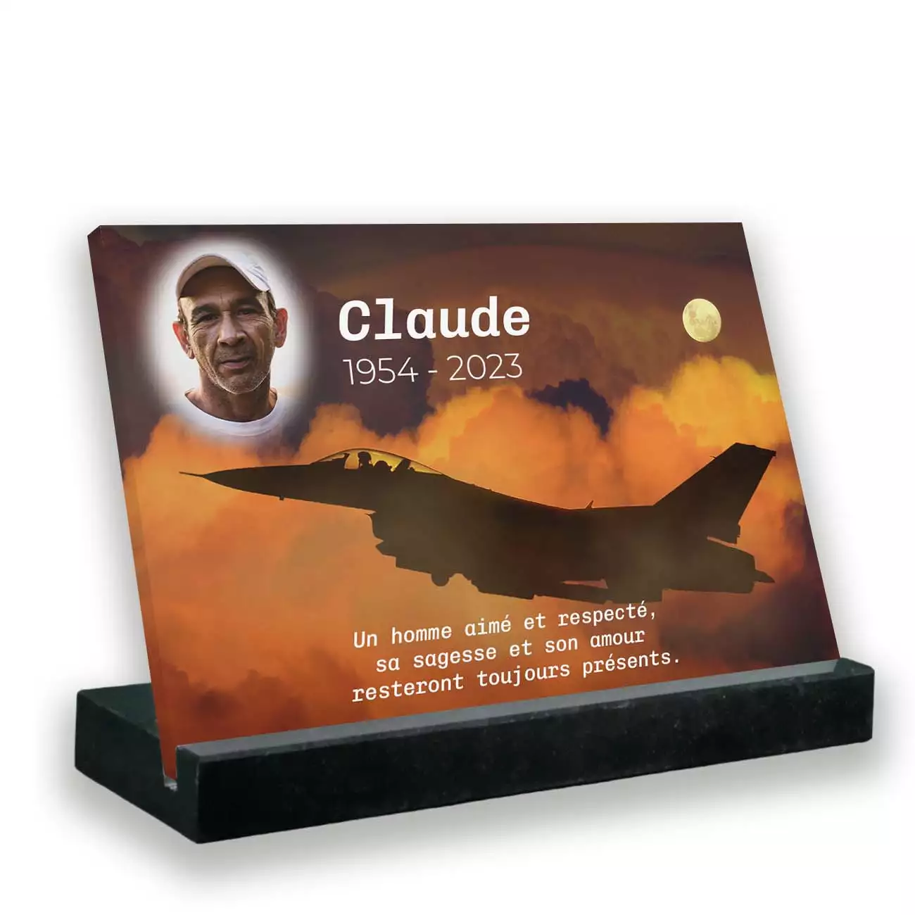 Plaque funéraire photo thème aviateur avec support socle en granit noir
