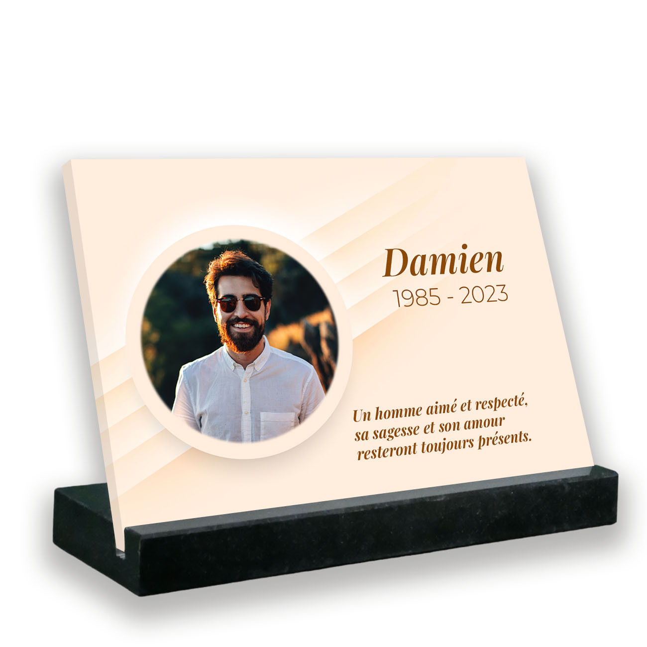 Plaque funéraire photo thème personnifié avec support socle en granit noir